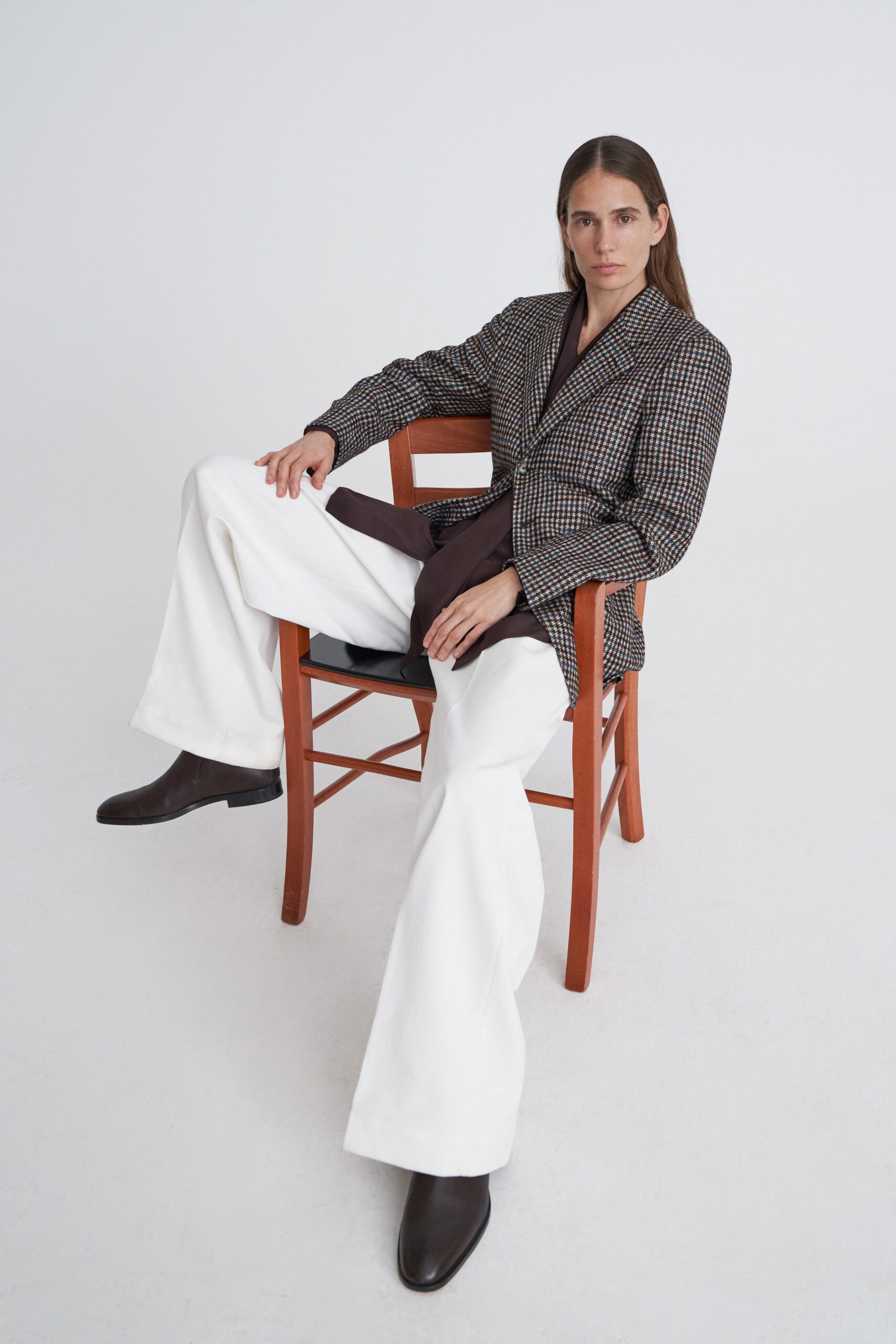 checked blazer with wide-leg pants