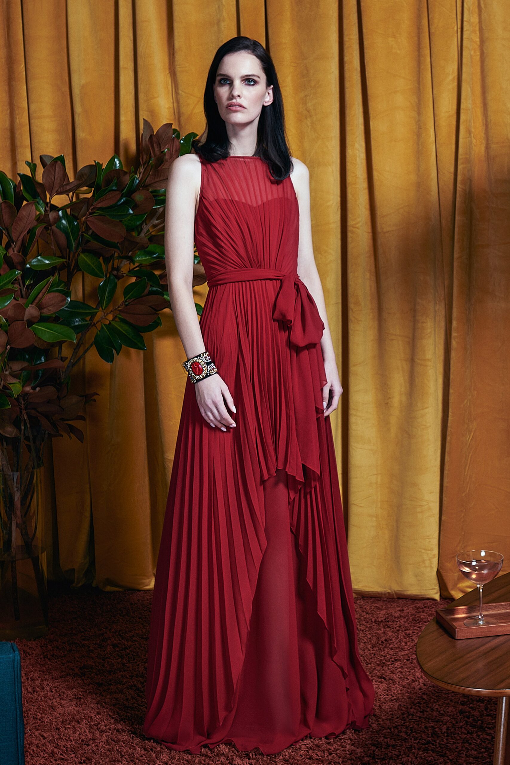 red silk sleeveless gown