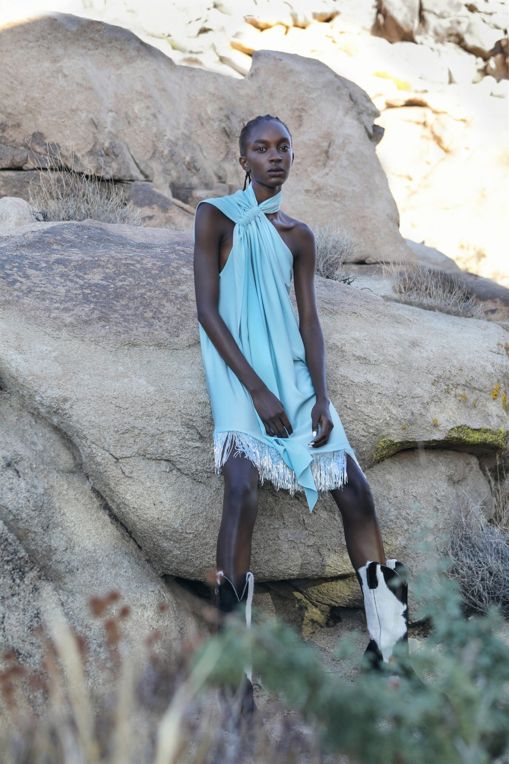 blue silk sleeveless dress