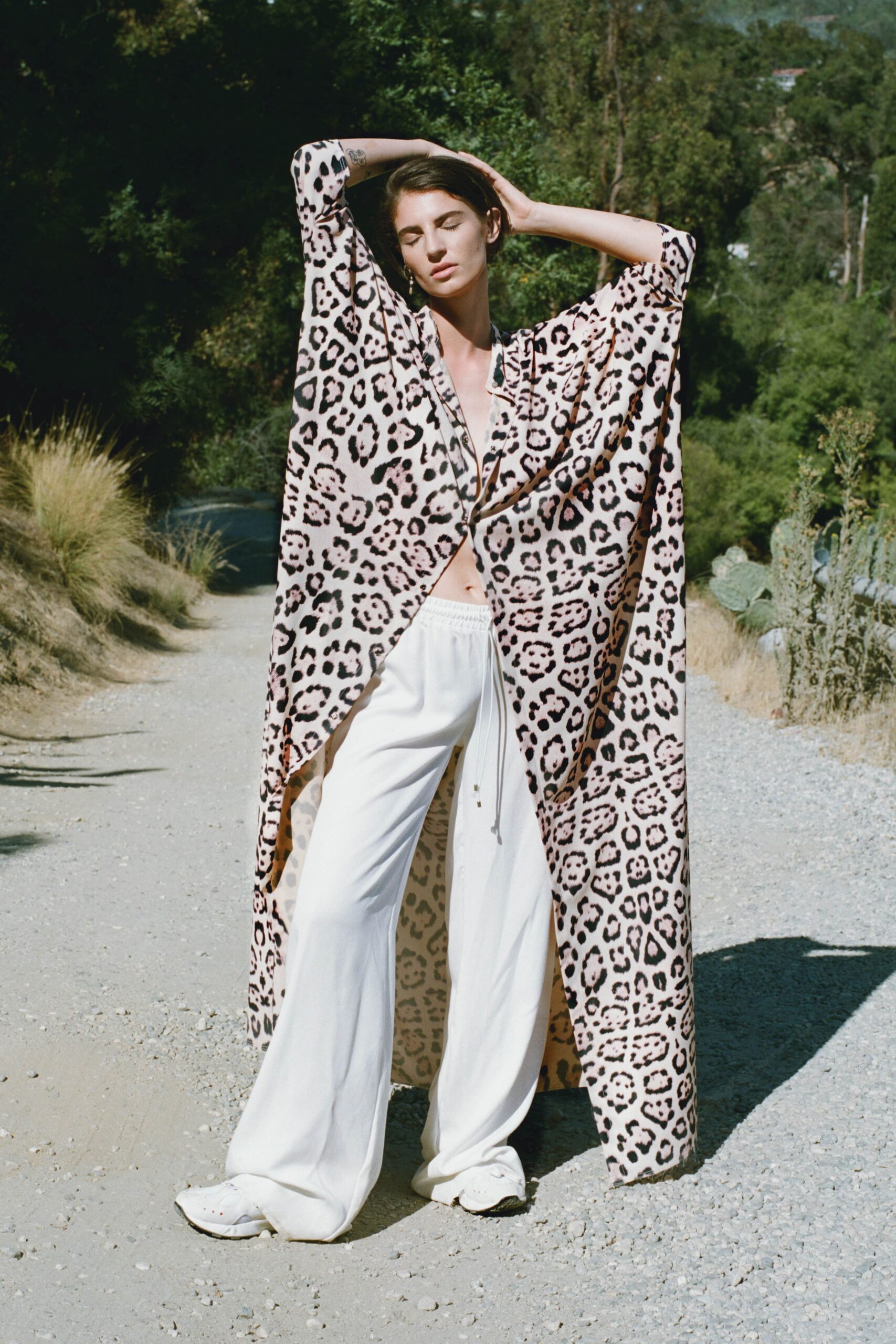 beige silk sleeveless relaxed animal-print cape