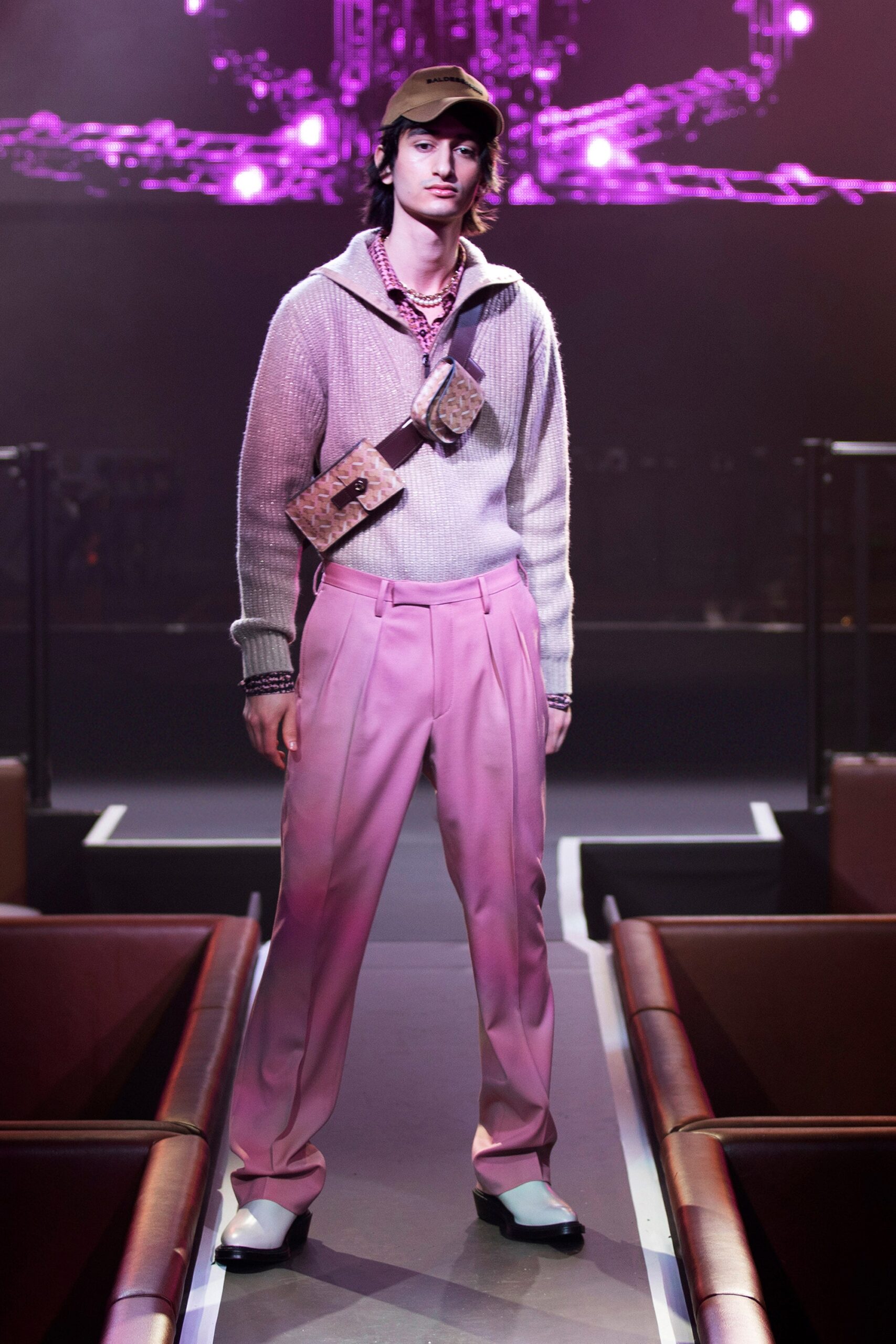 gray wool sweater with pink pants