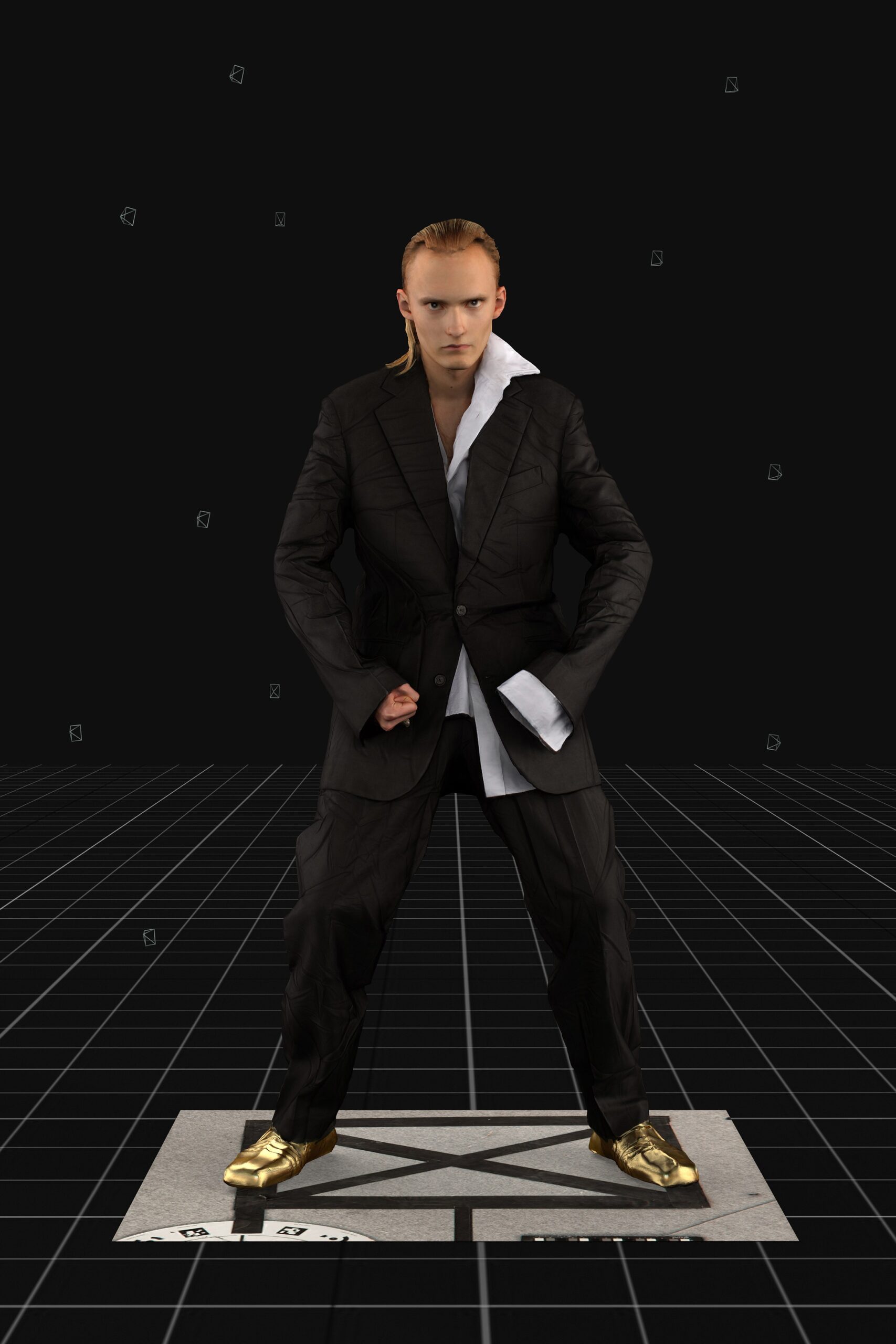 black tailored suit with white shirt