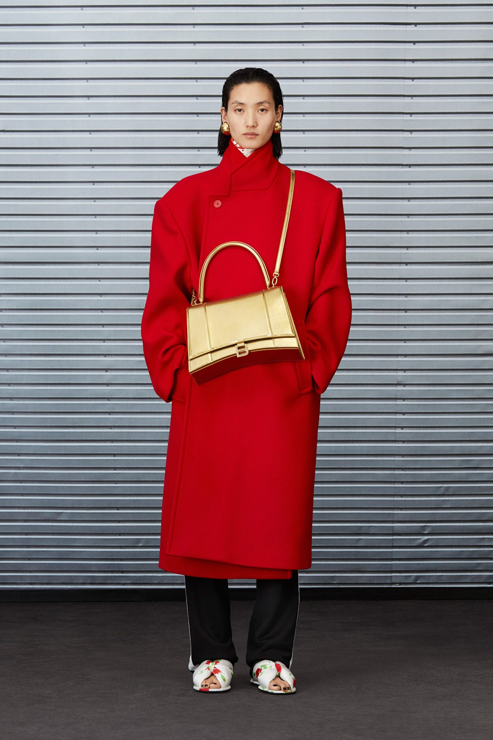 red long-sleeve collared oversized midi coat