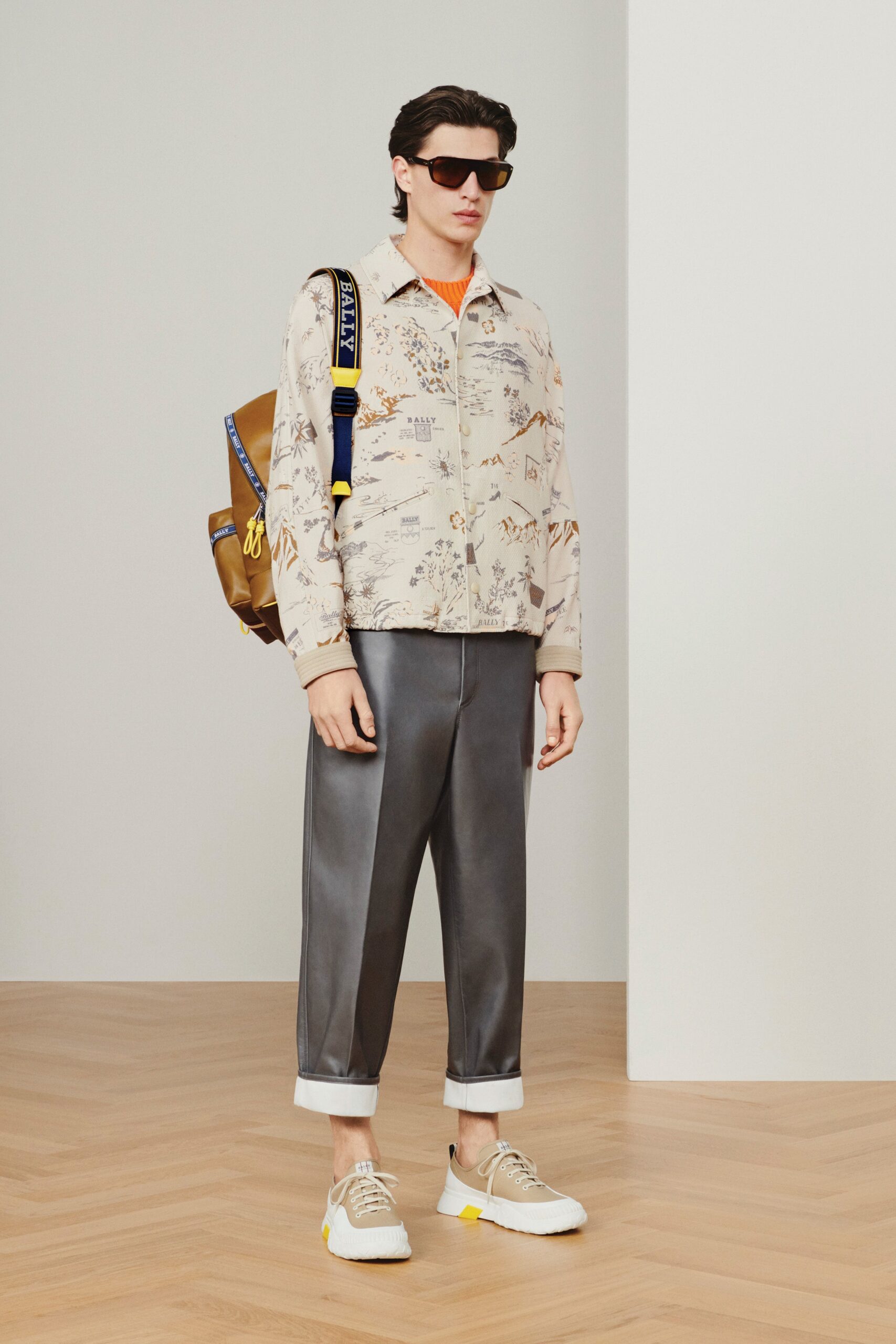 beige cotton long-sleeve collared relaxed printed jacket
