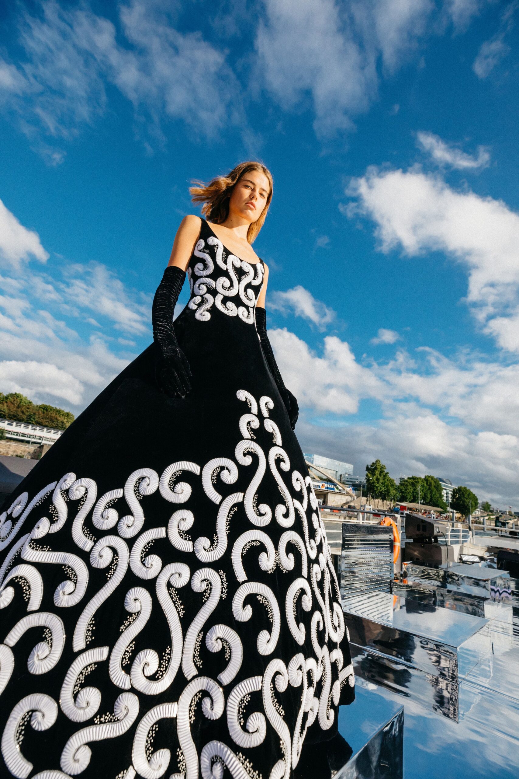 black velvet embroidered gown