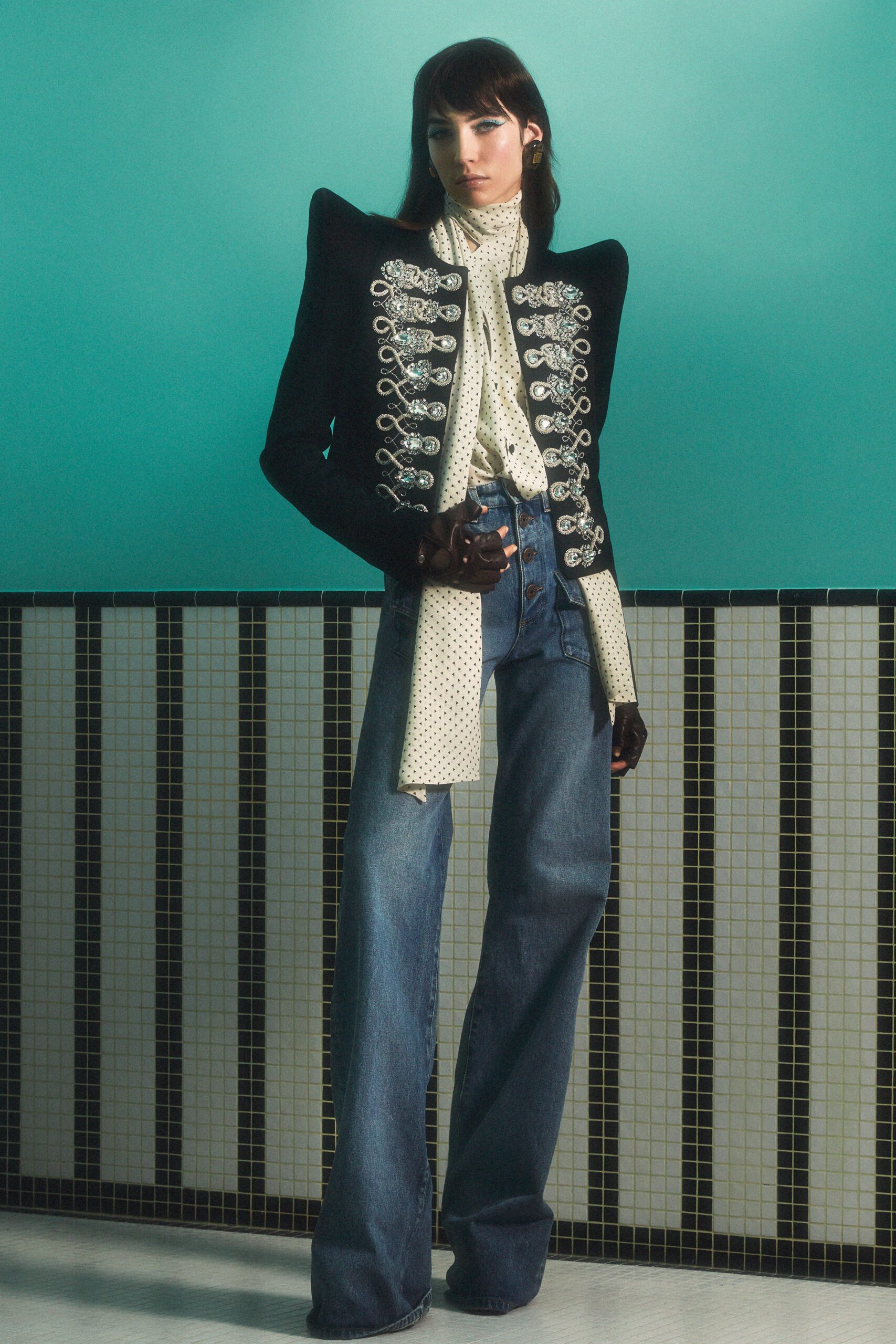 white silk long-sleeve high-neck fitted polka-dot blouse