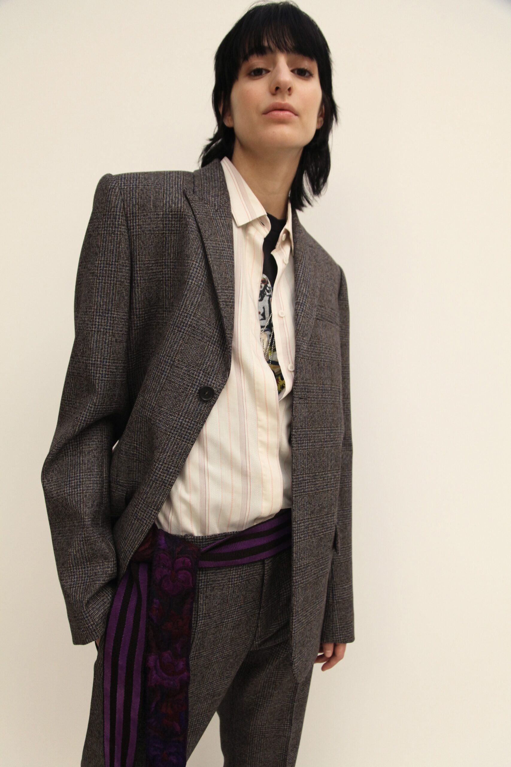 gray oversized blazer with striped shirt