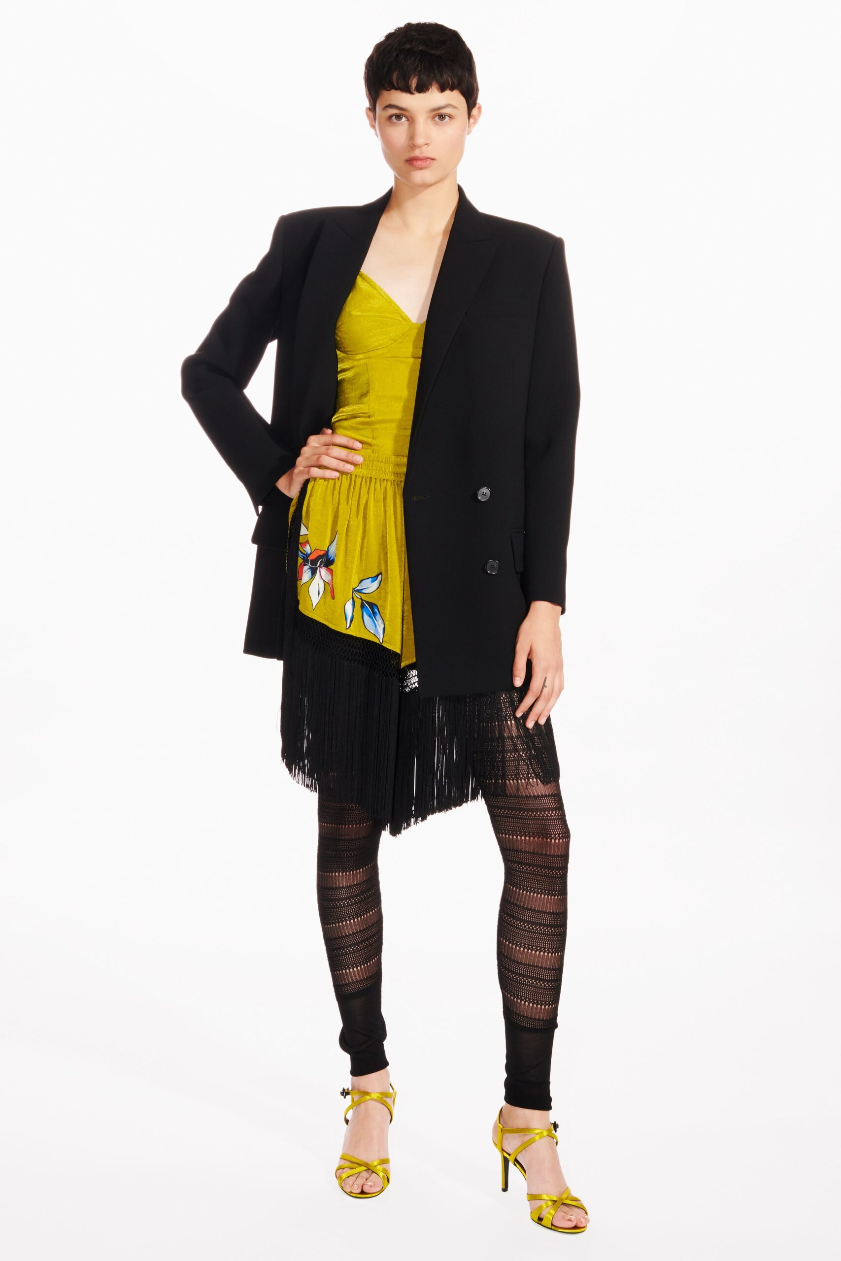 black blazer yellow dress