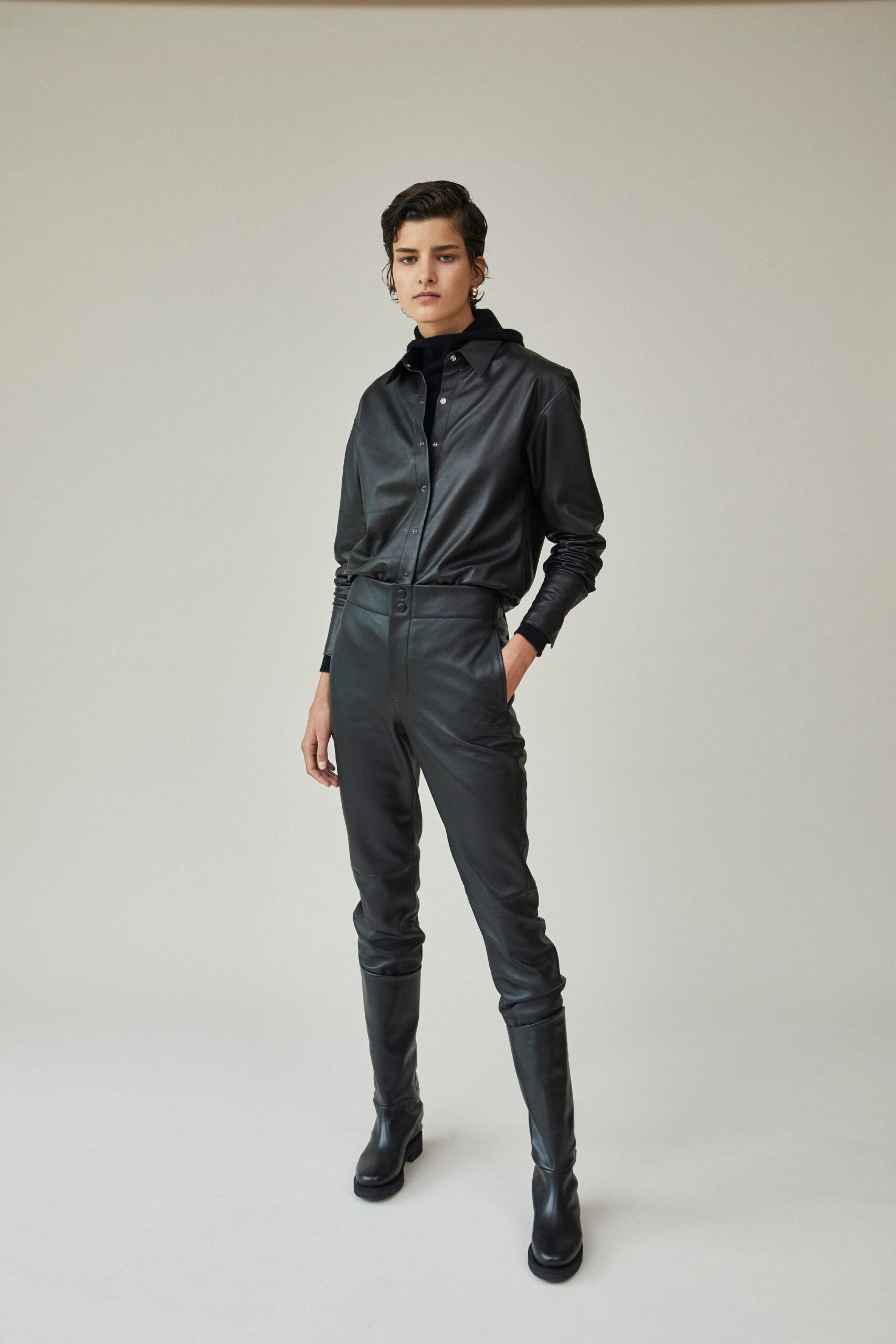 black leather fitted jacket and pants