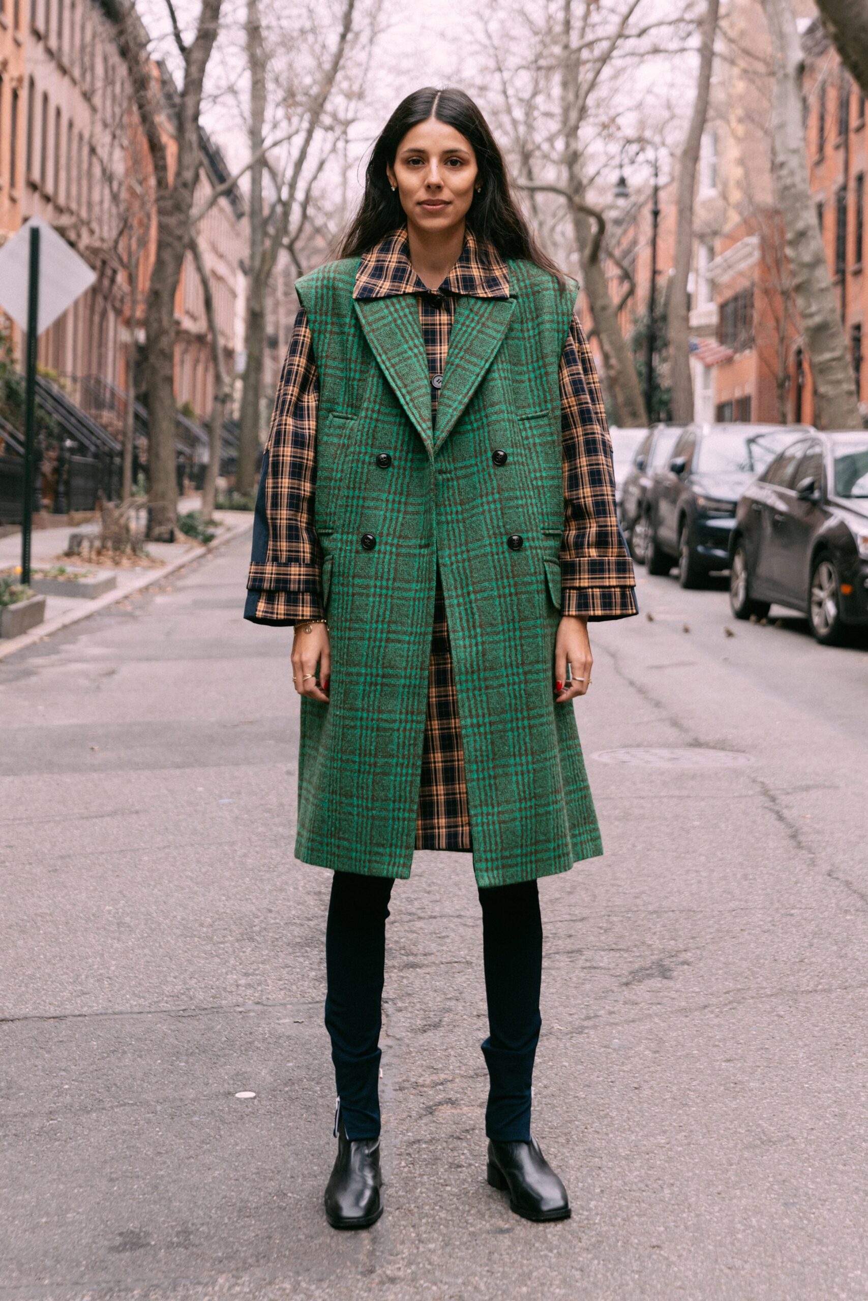 green wool coat with checked dress