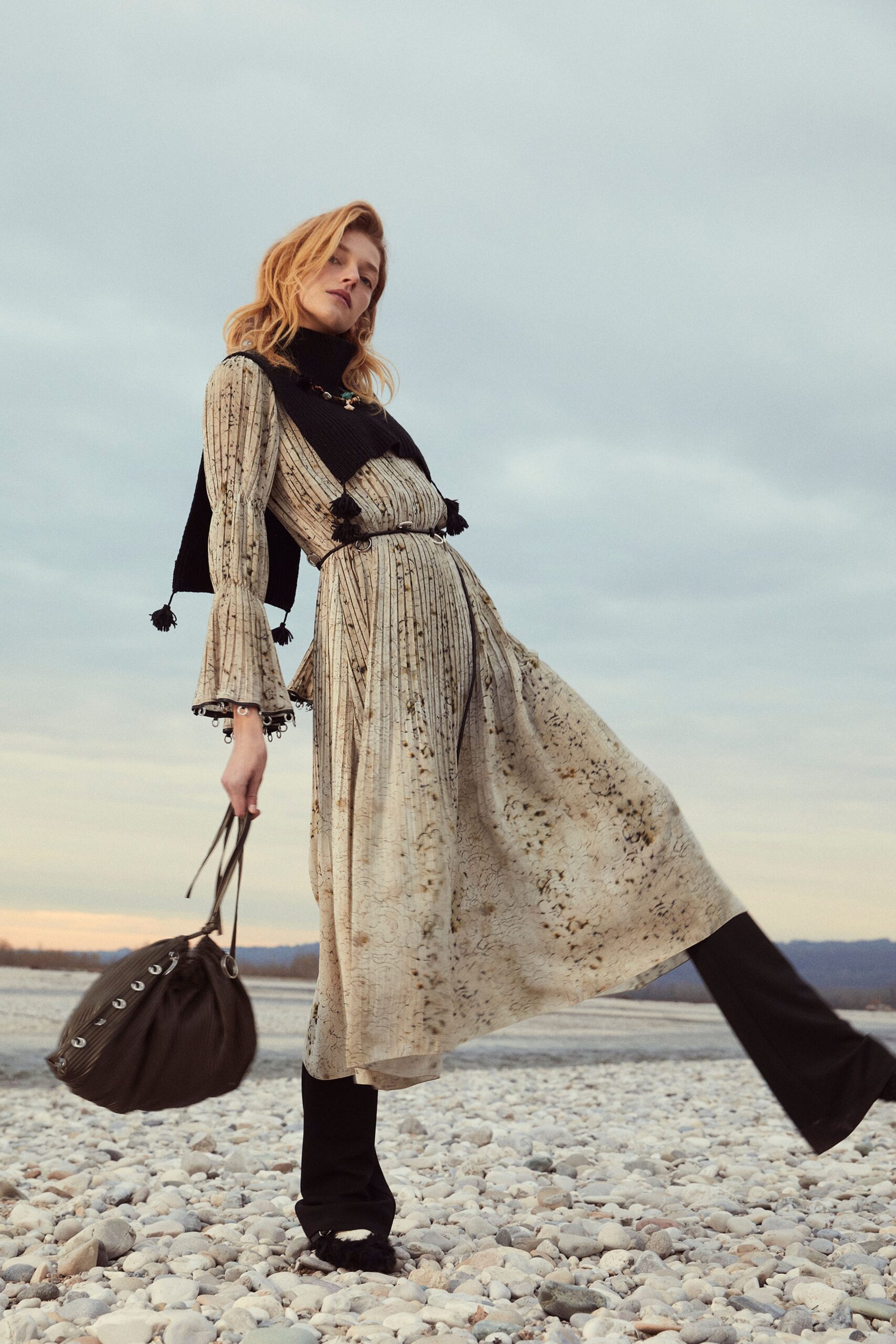 ivory printed belted midi dress