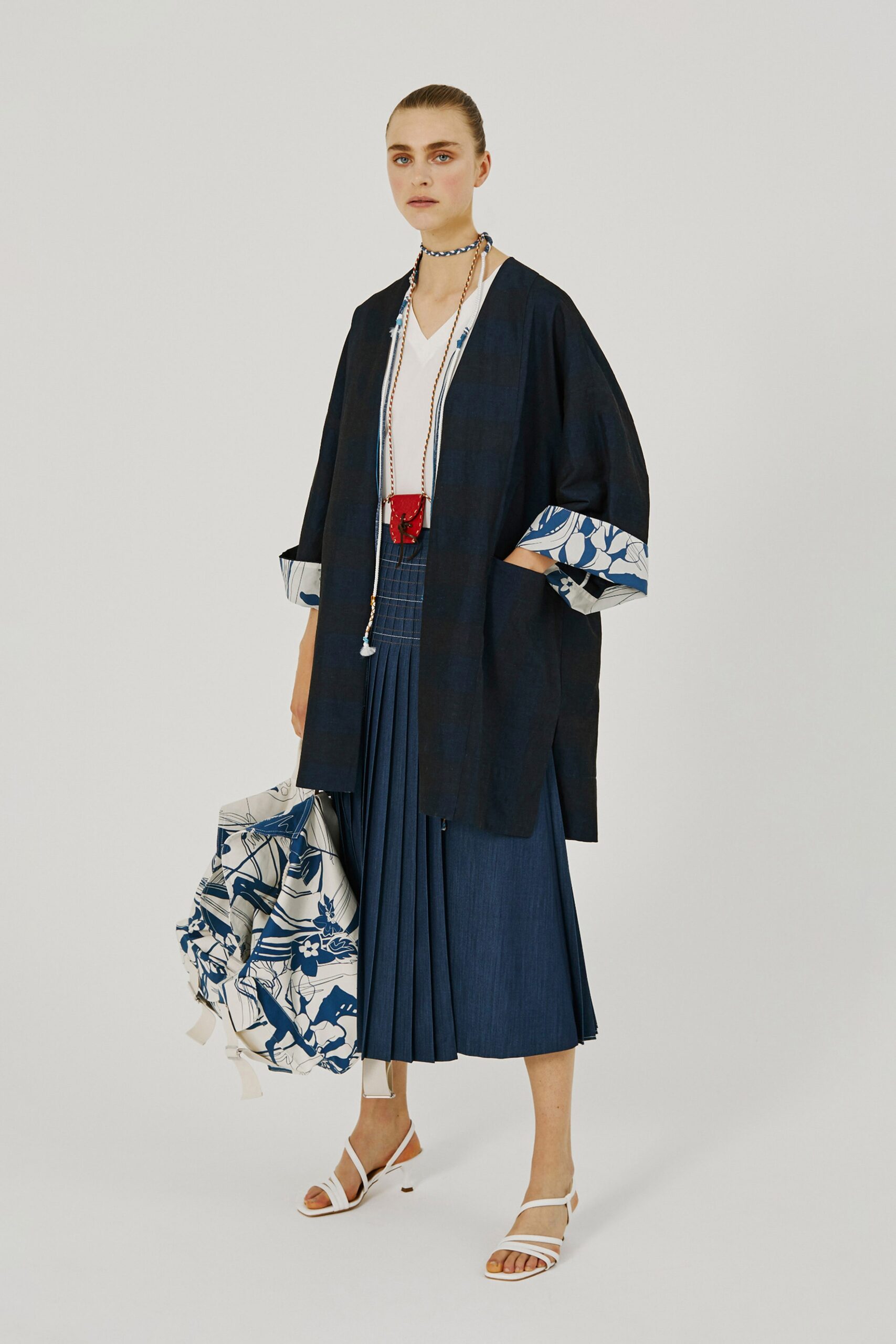 blue open-front printed coat