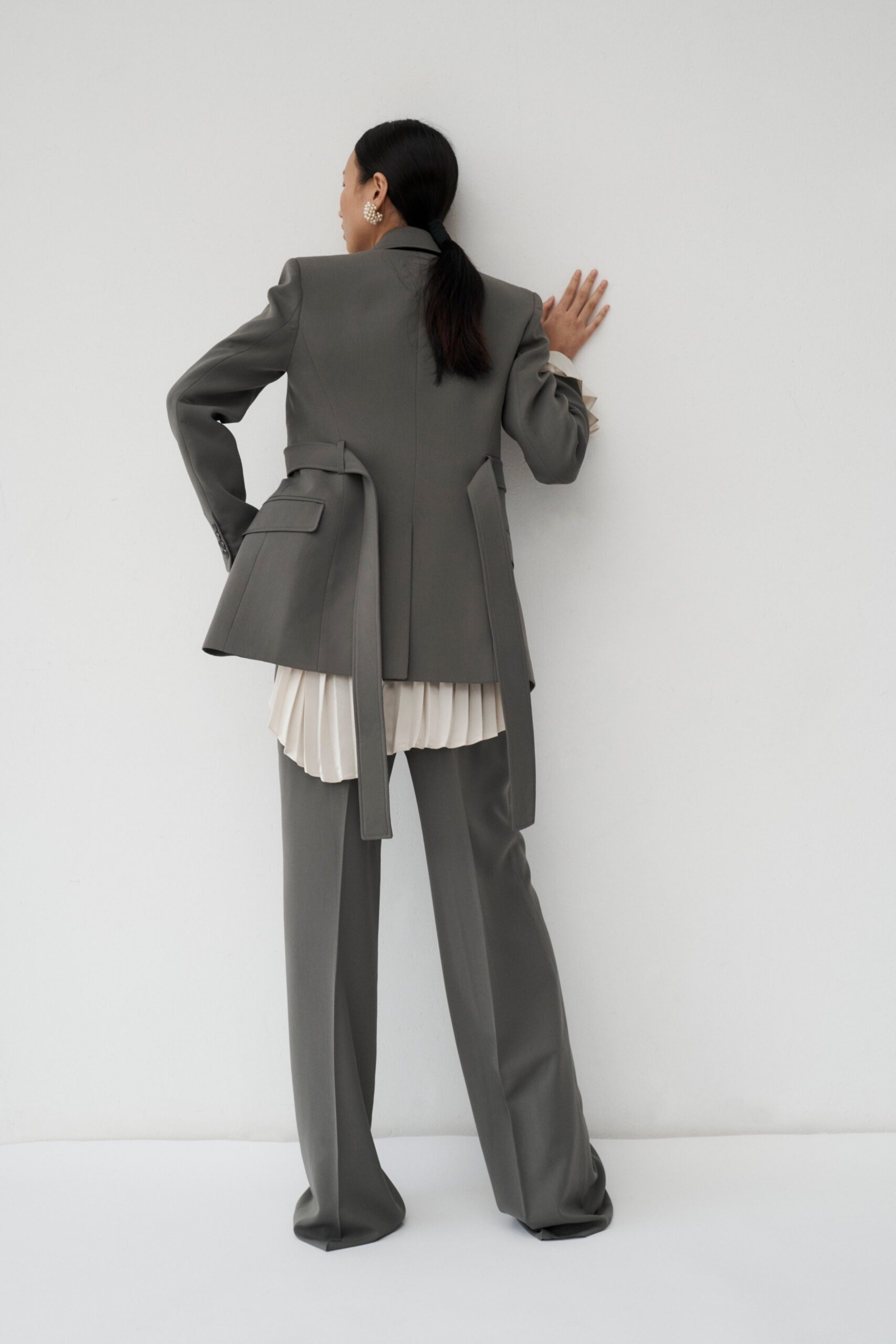 gray belted tailored blazer
