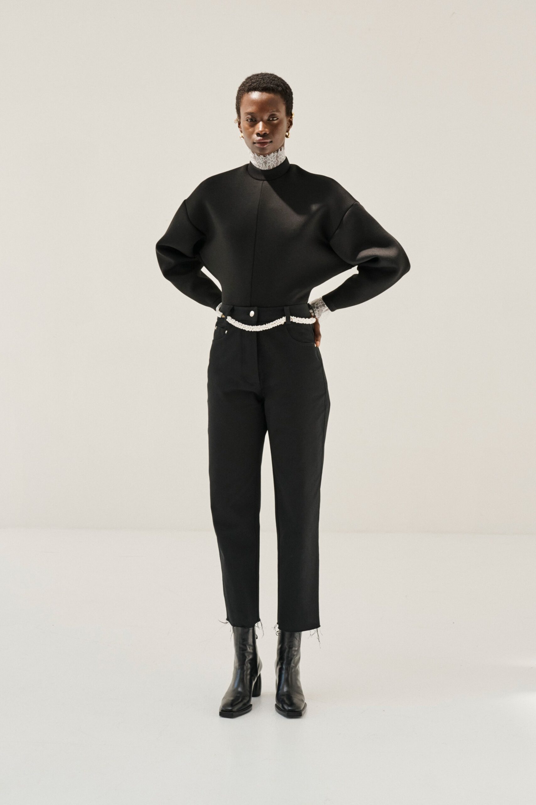 white lace high-neck long-sleeve sheer textured top