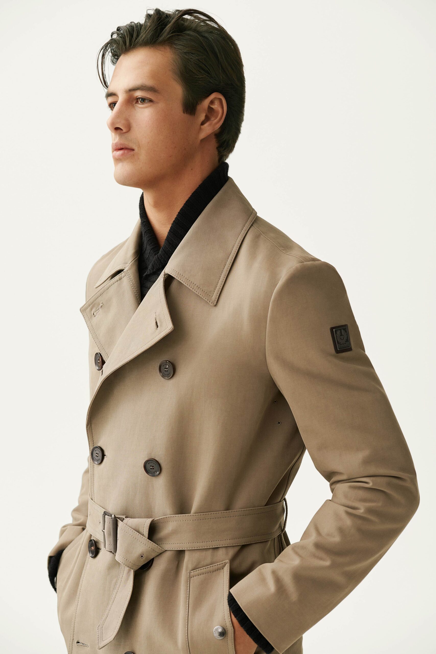 beige double-breasted belted trench