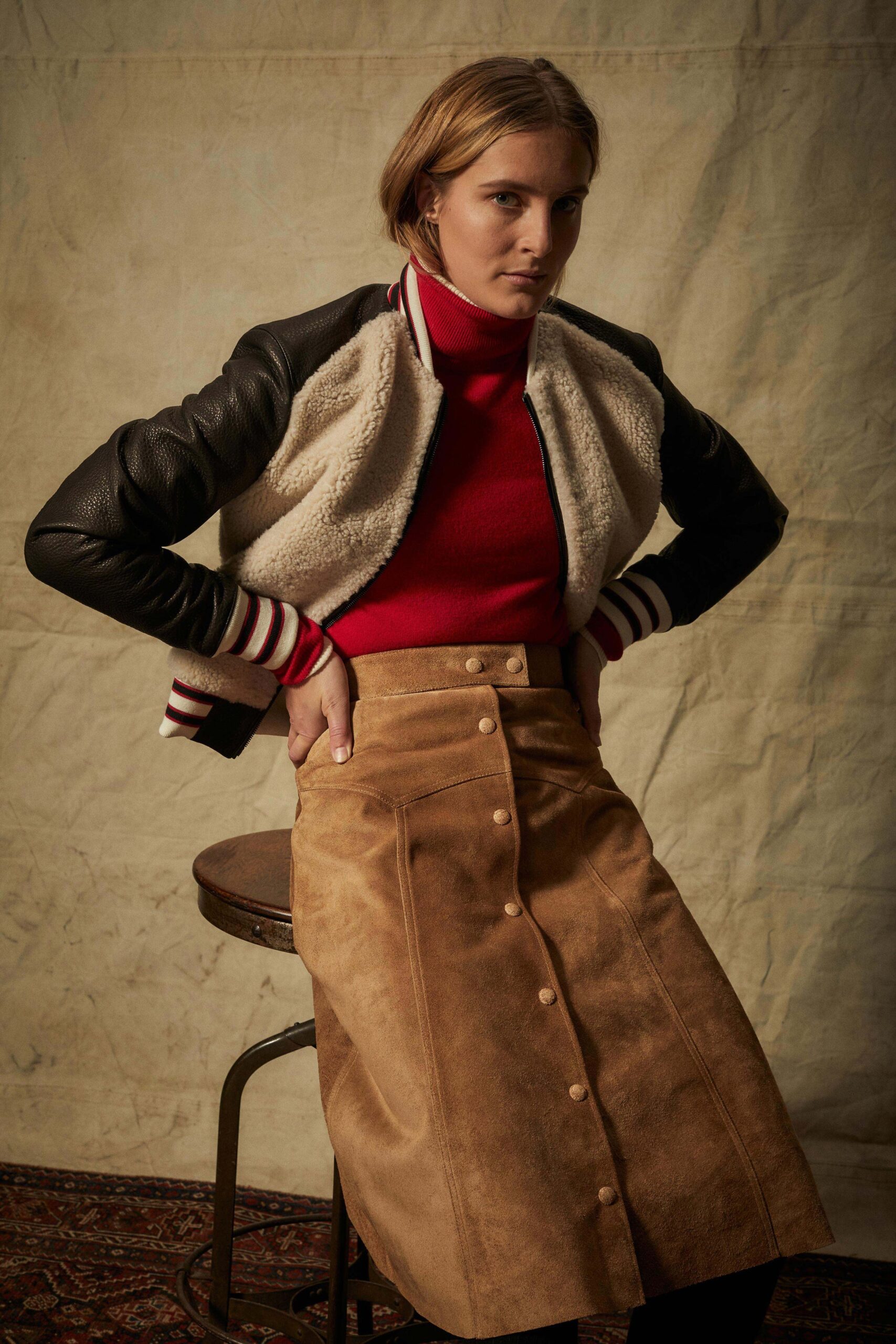 tan suede high-waisted buttoned a-line textured midi skirt