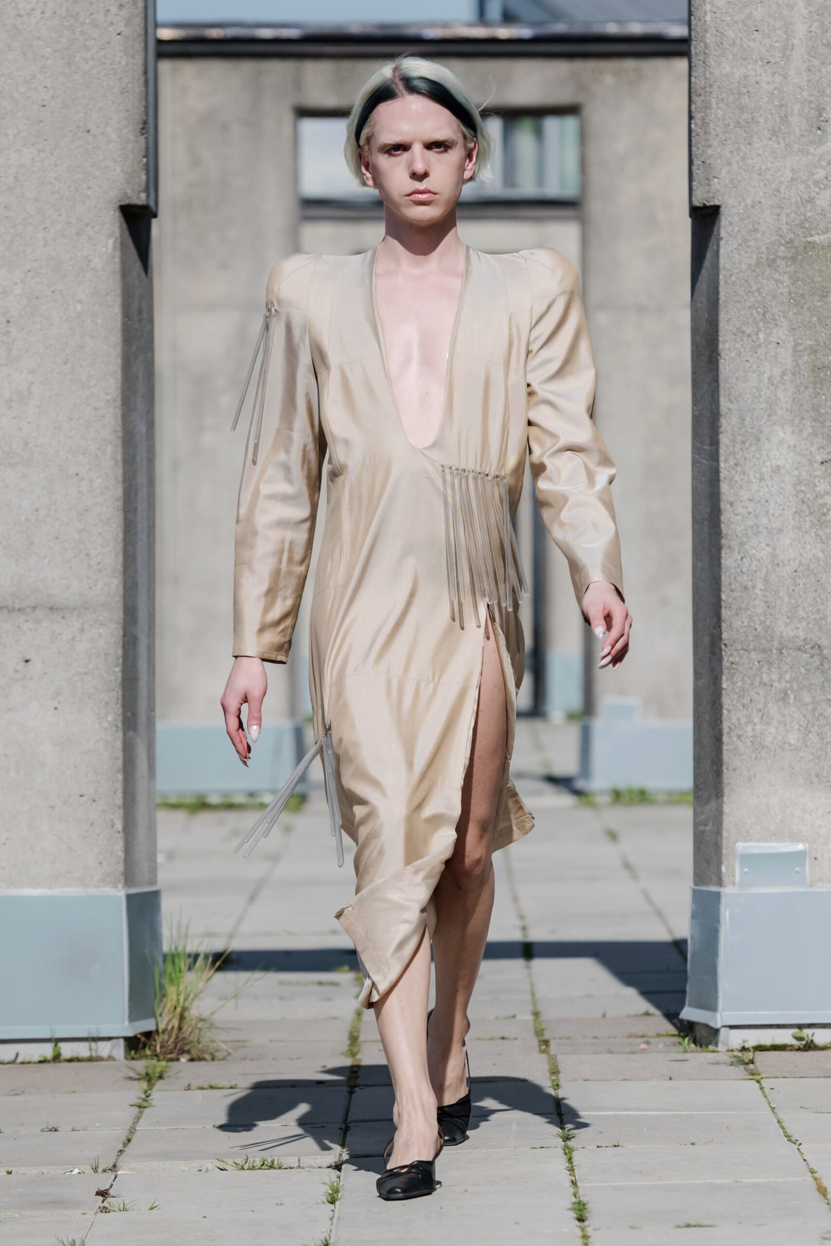 champagne satin long-sleeve low-cut fringed shiny midi midi-dress