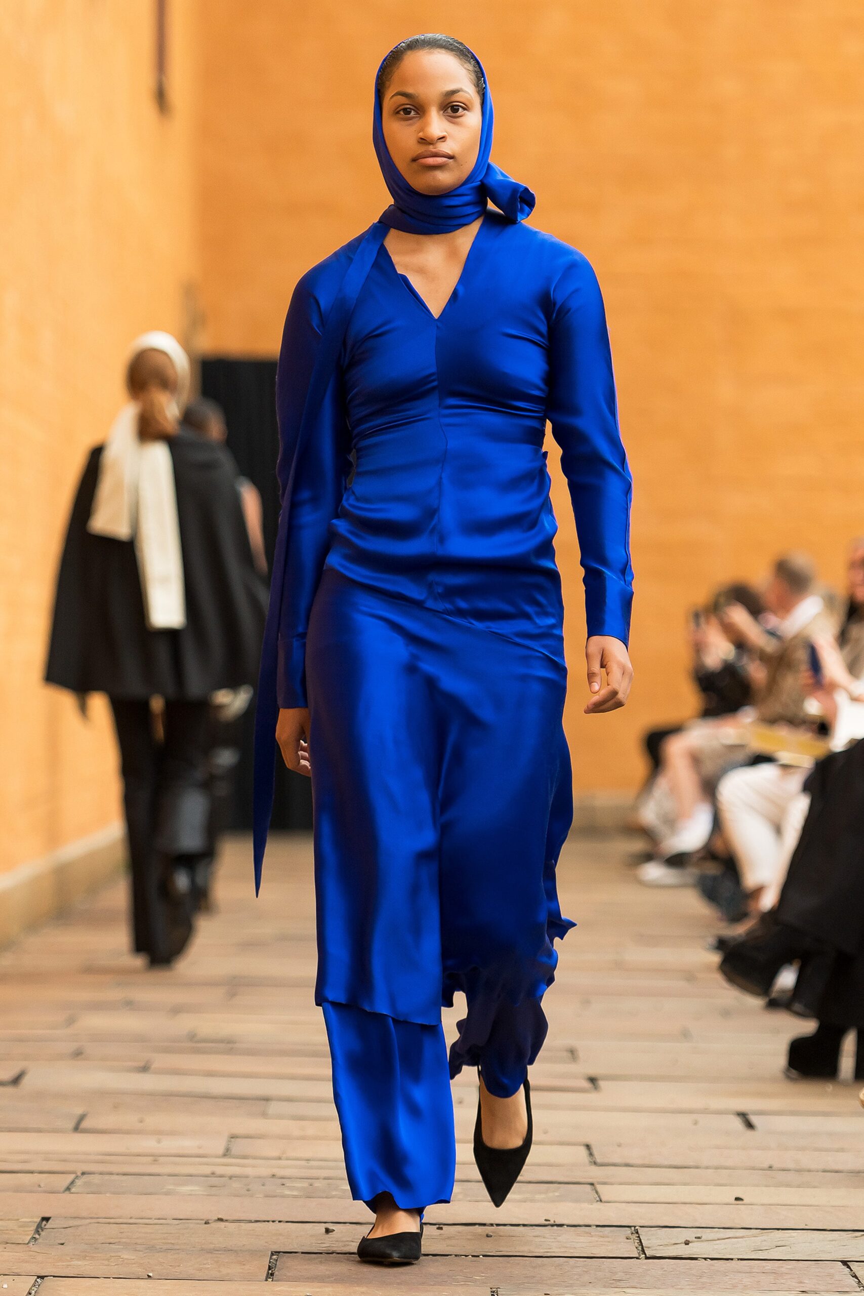 blue satin long-sleeve dress
