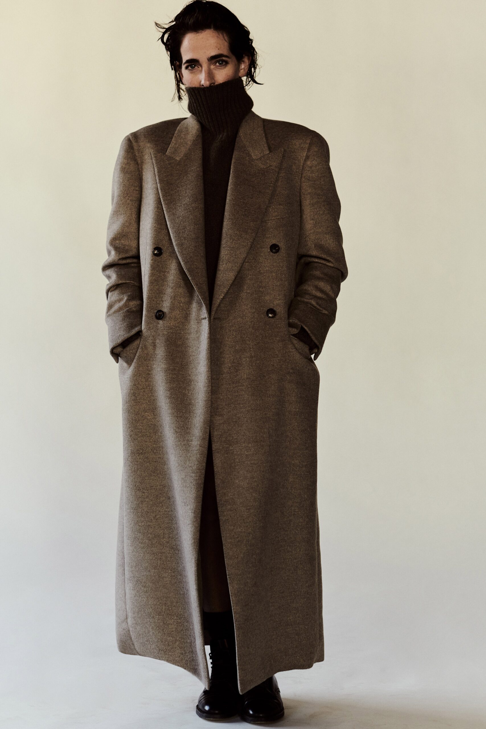 brown wool coat and sweater
