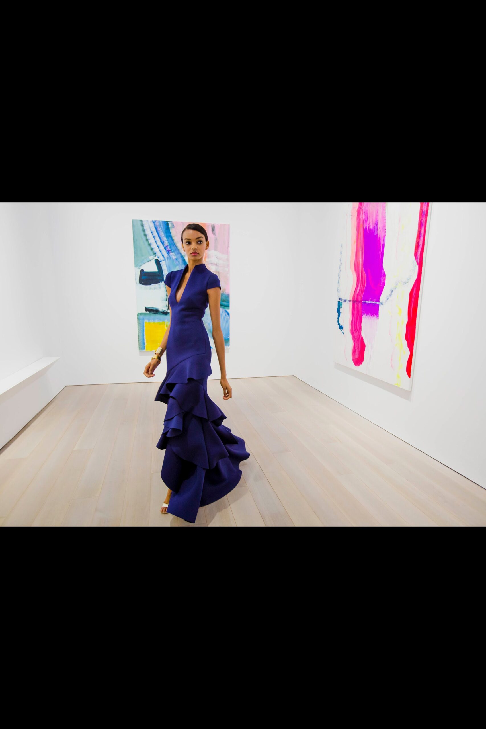 blue silk sleeveless gown