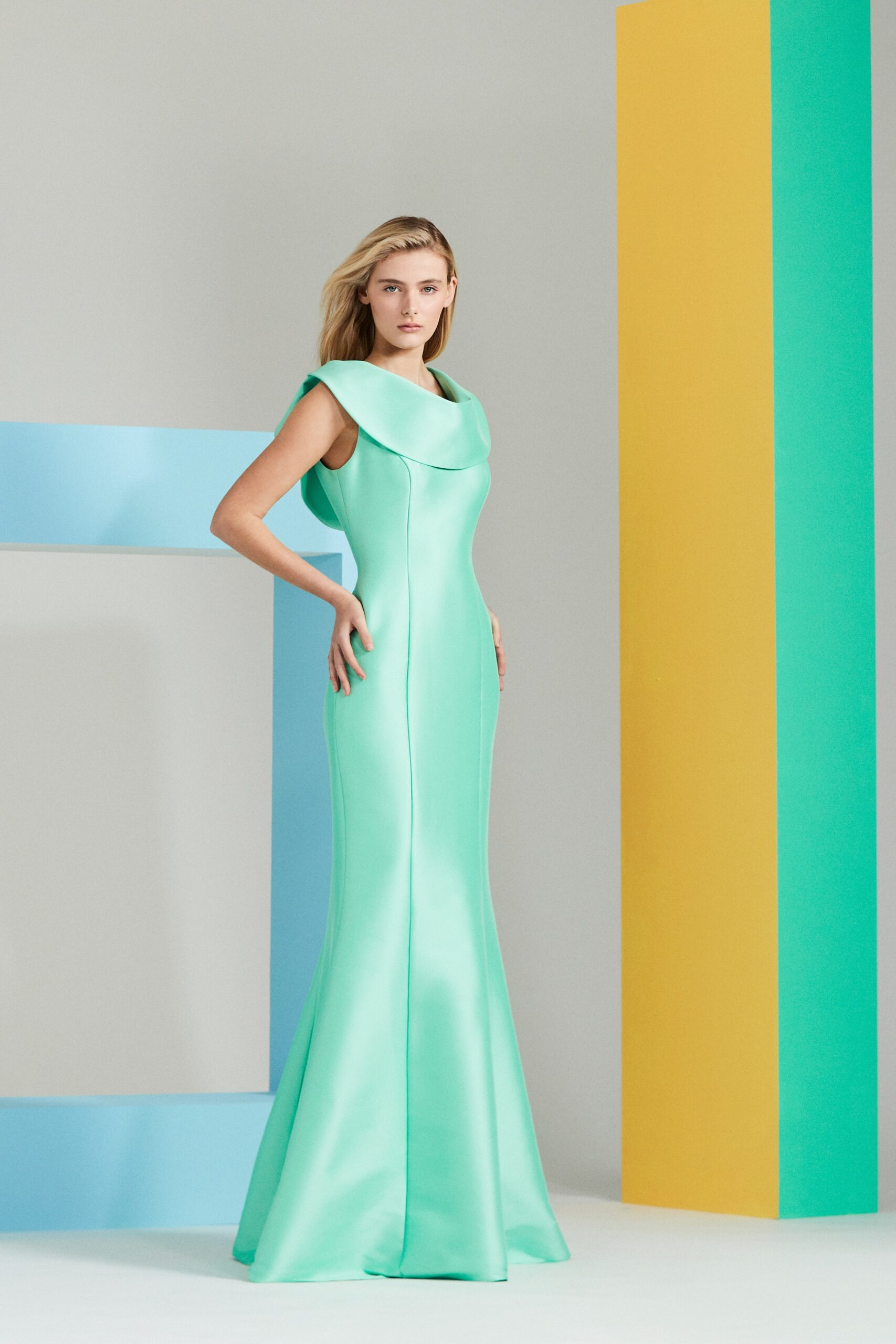 fitted green satin gown