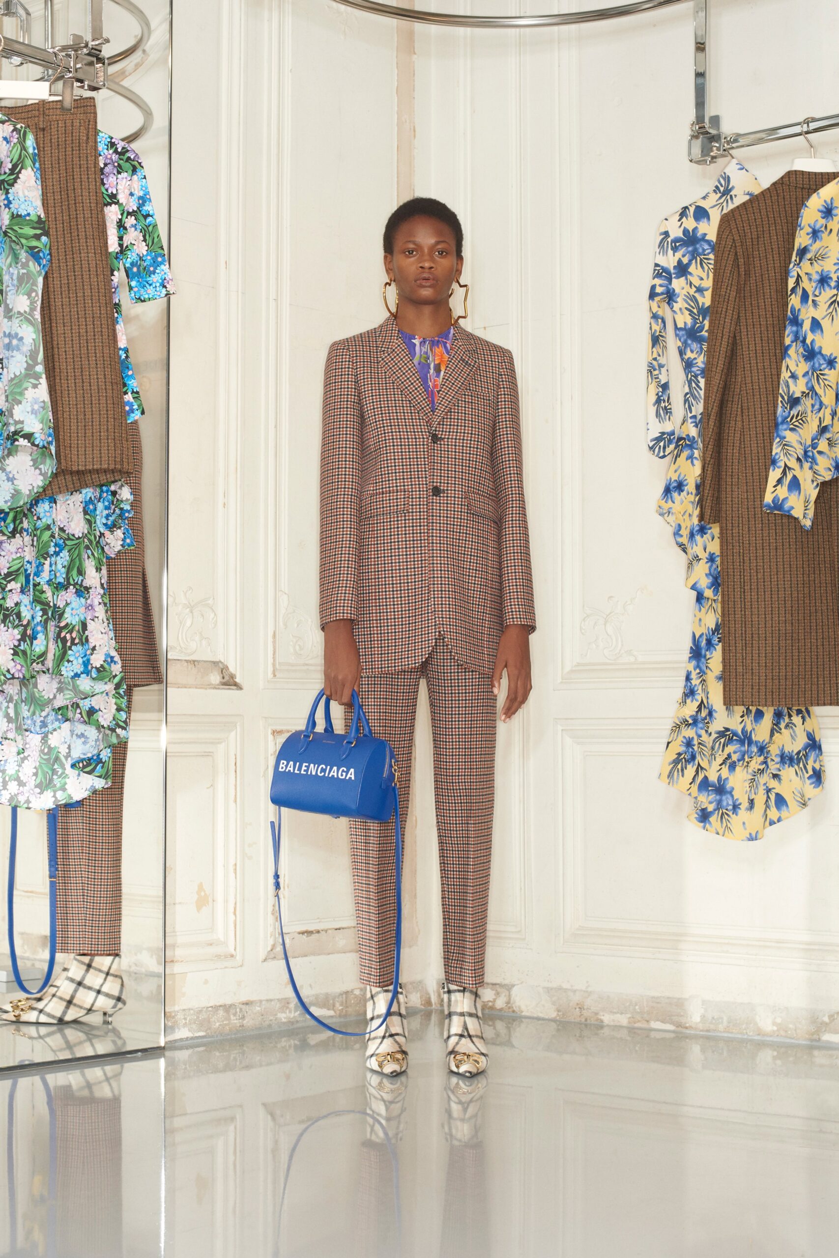 brown cotton long-sleeve collared tailored checked suit