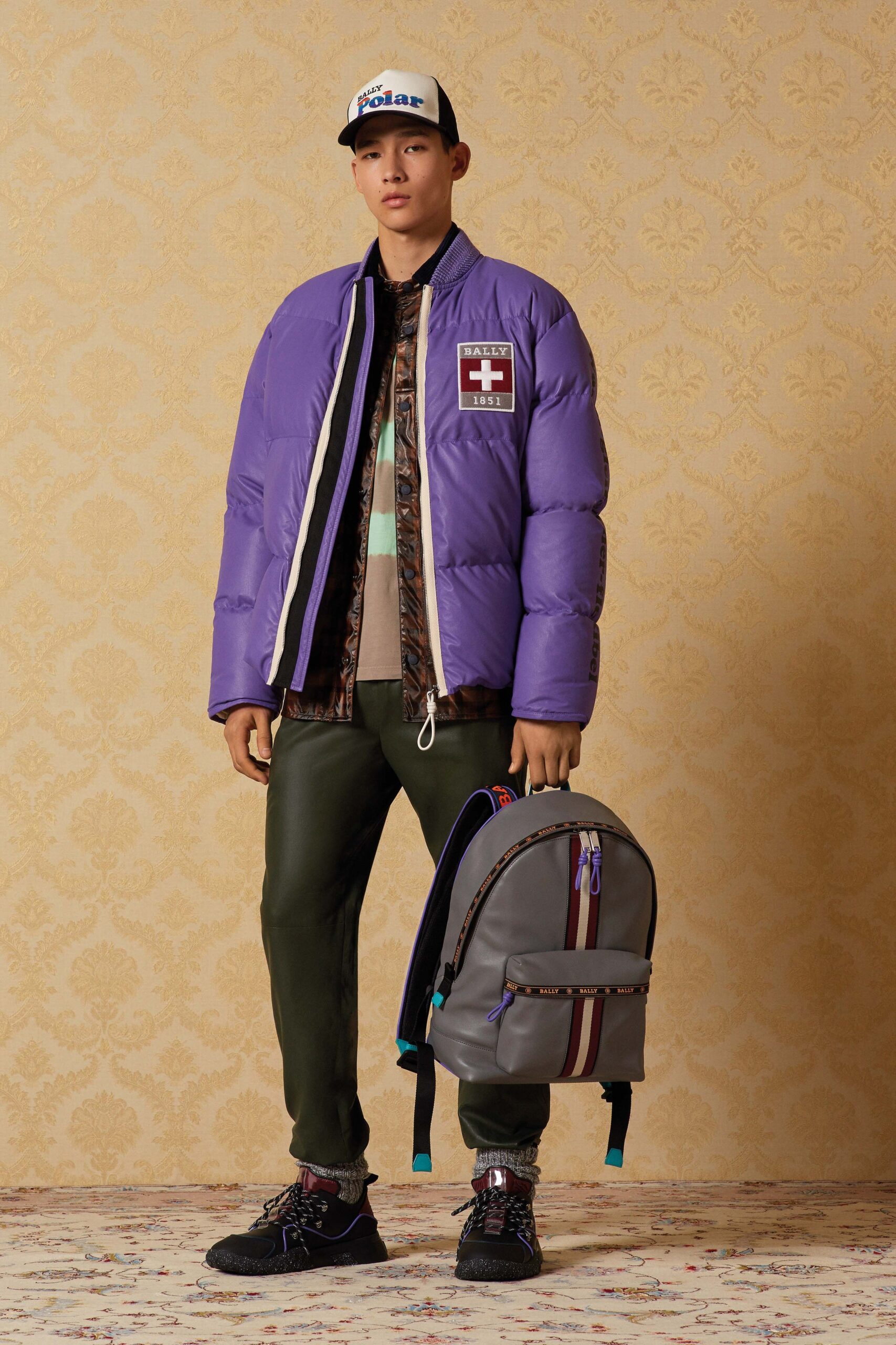 purple jacket with printed shirt