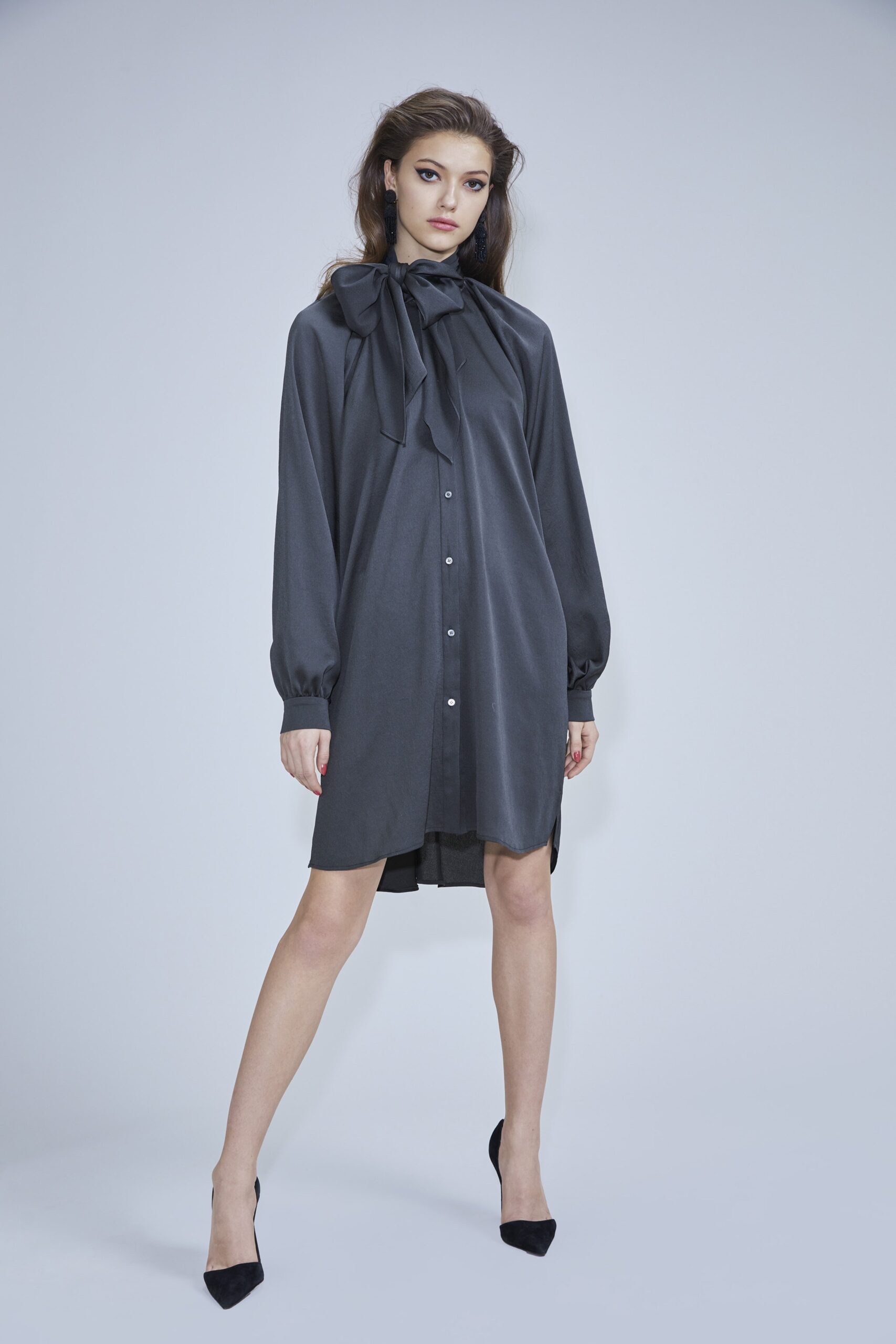gray silk relaxed shirt-dress