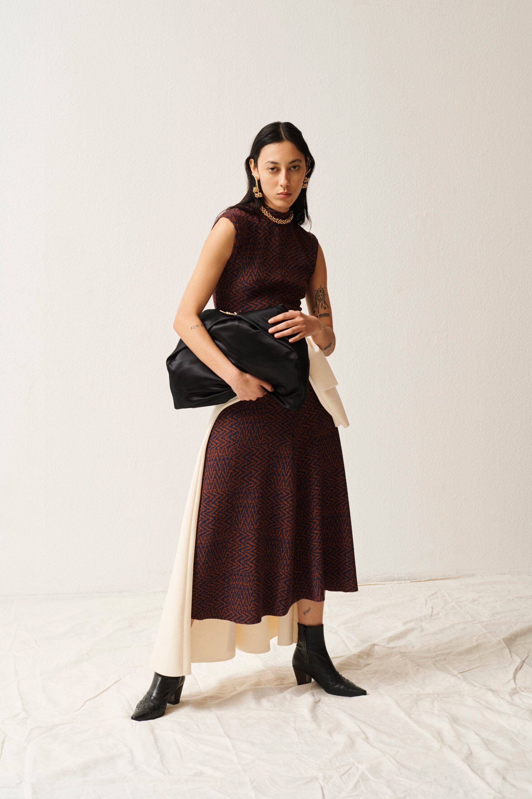 brown knit sleeveless high-neck fitted zigzag a-line midi-dress