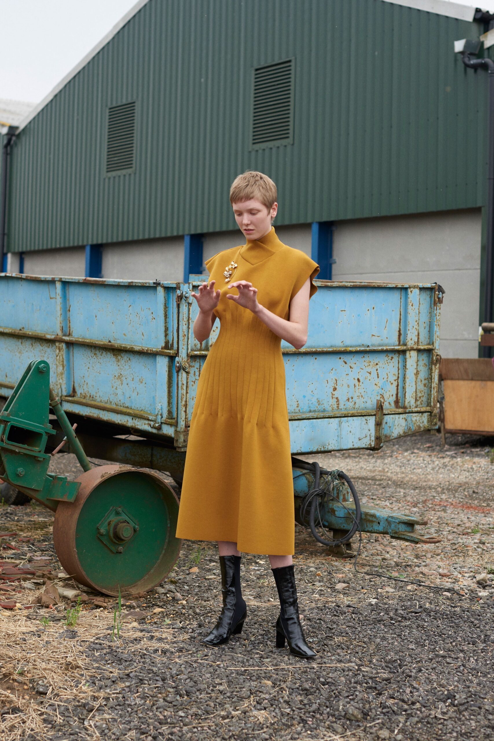 yellow knit sleeveless high-neck fitted ribbed textured maxi-dress