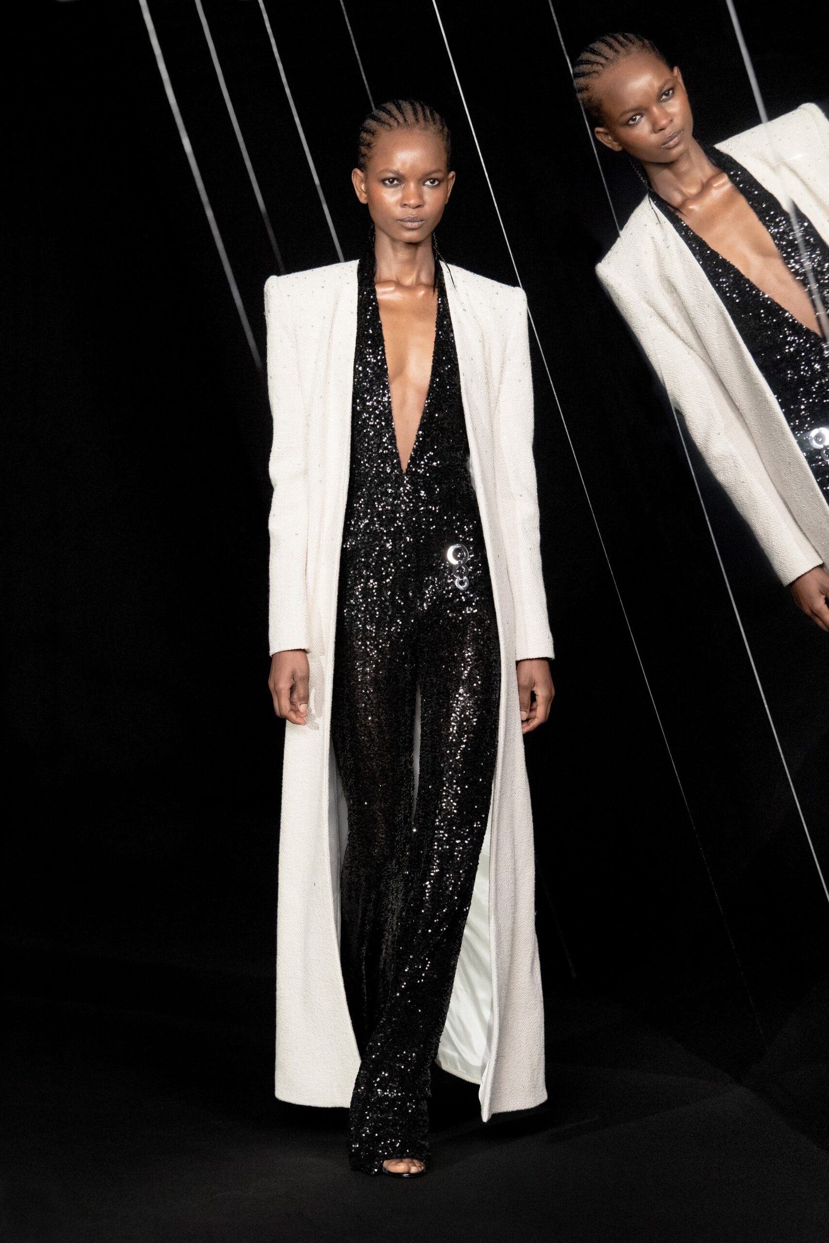 white silk long-sleeve collared fitted buttoned coat
