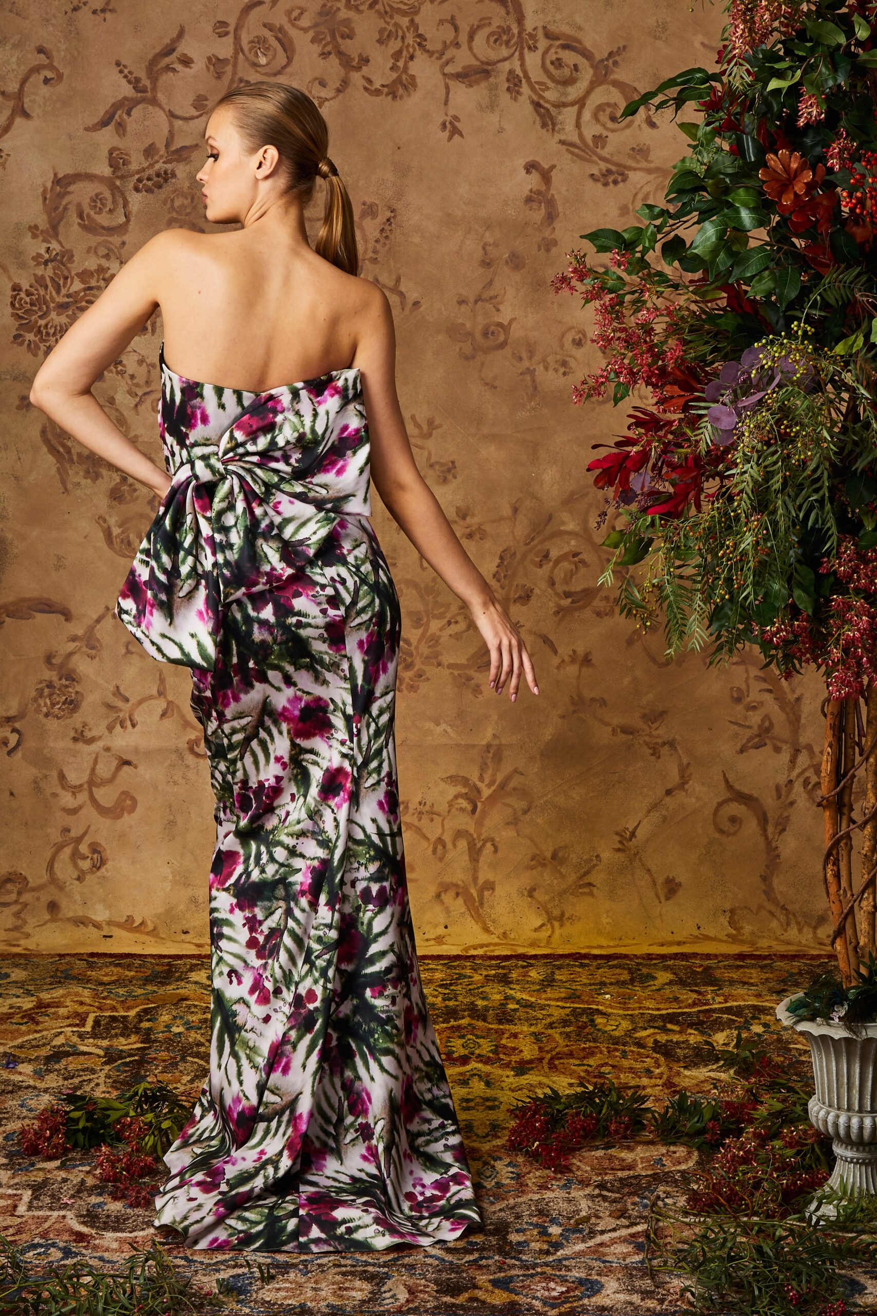 floral strapless silk gown
