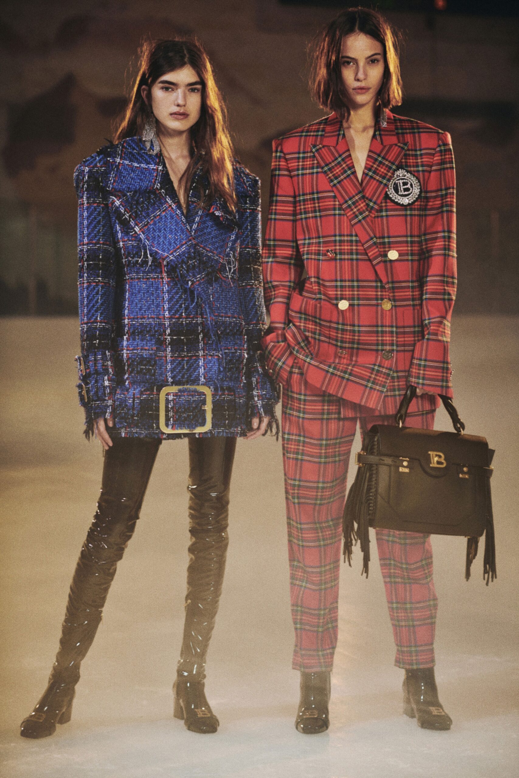 blue tweed coat with black leather pants