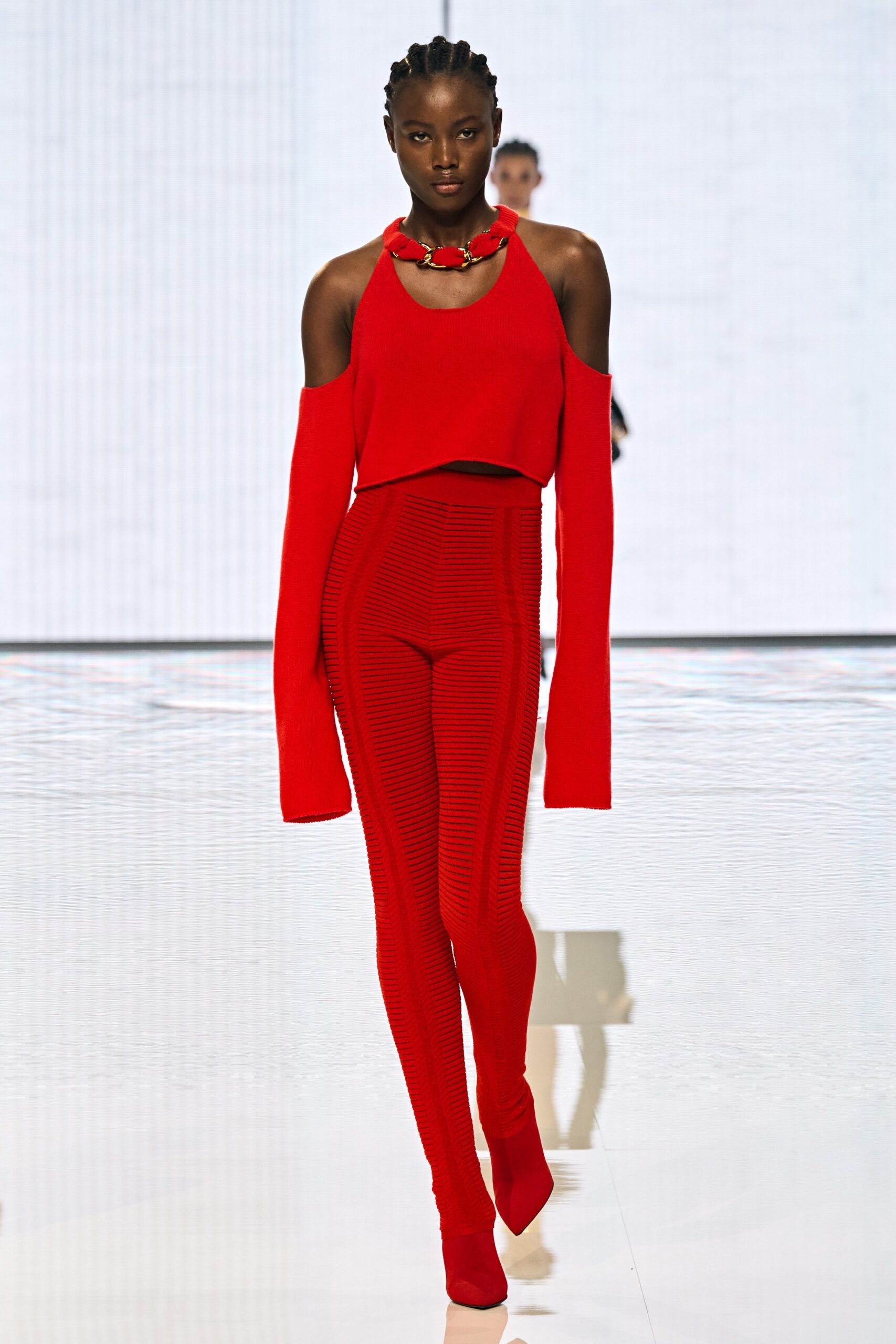 red sleeveless off-shoulder fitted ribbed top