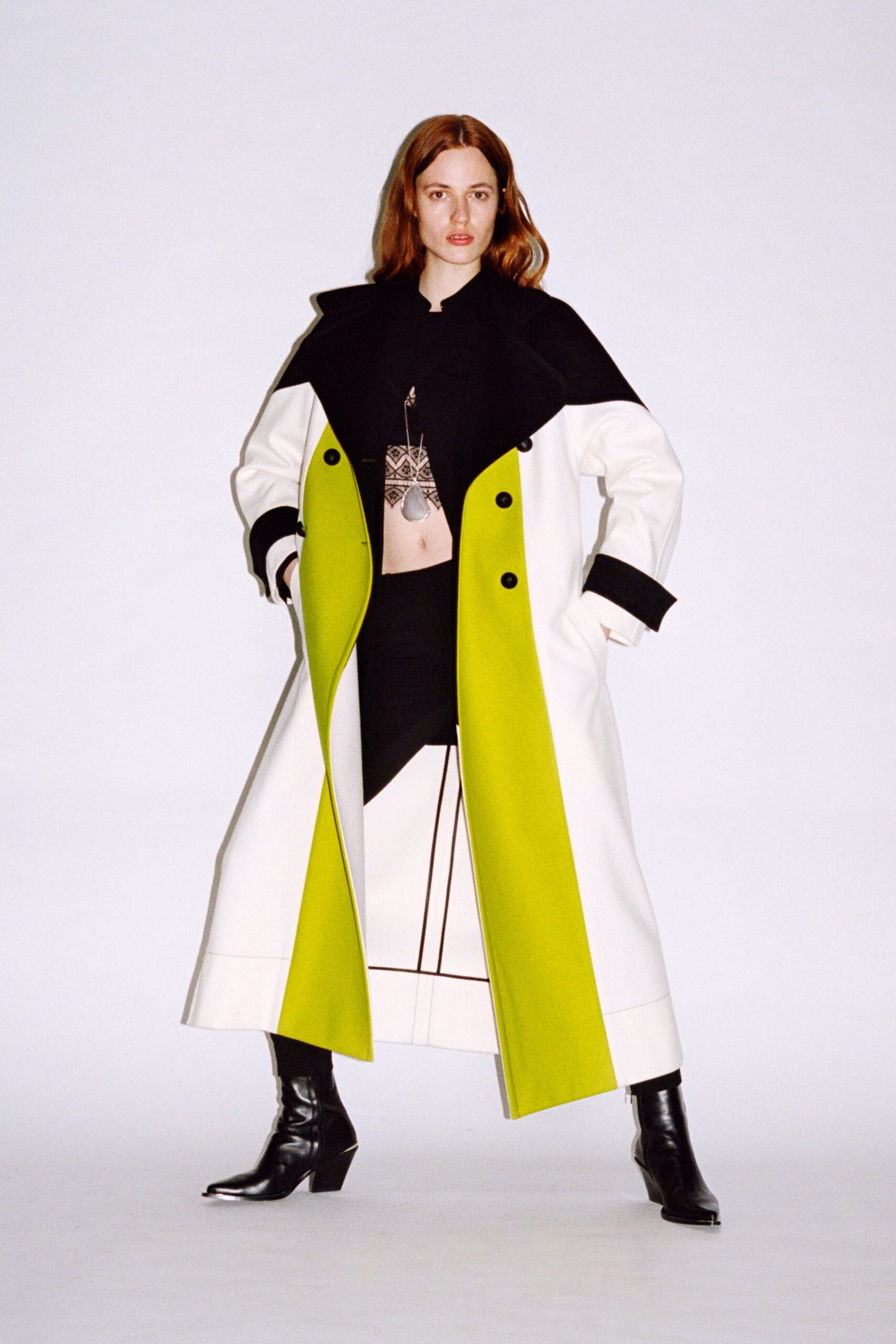 color-blocked coat with fitted top