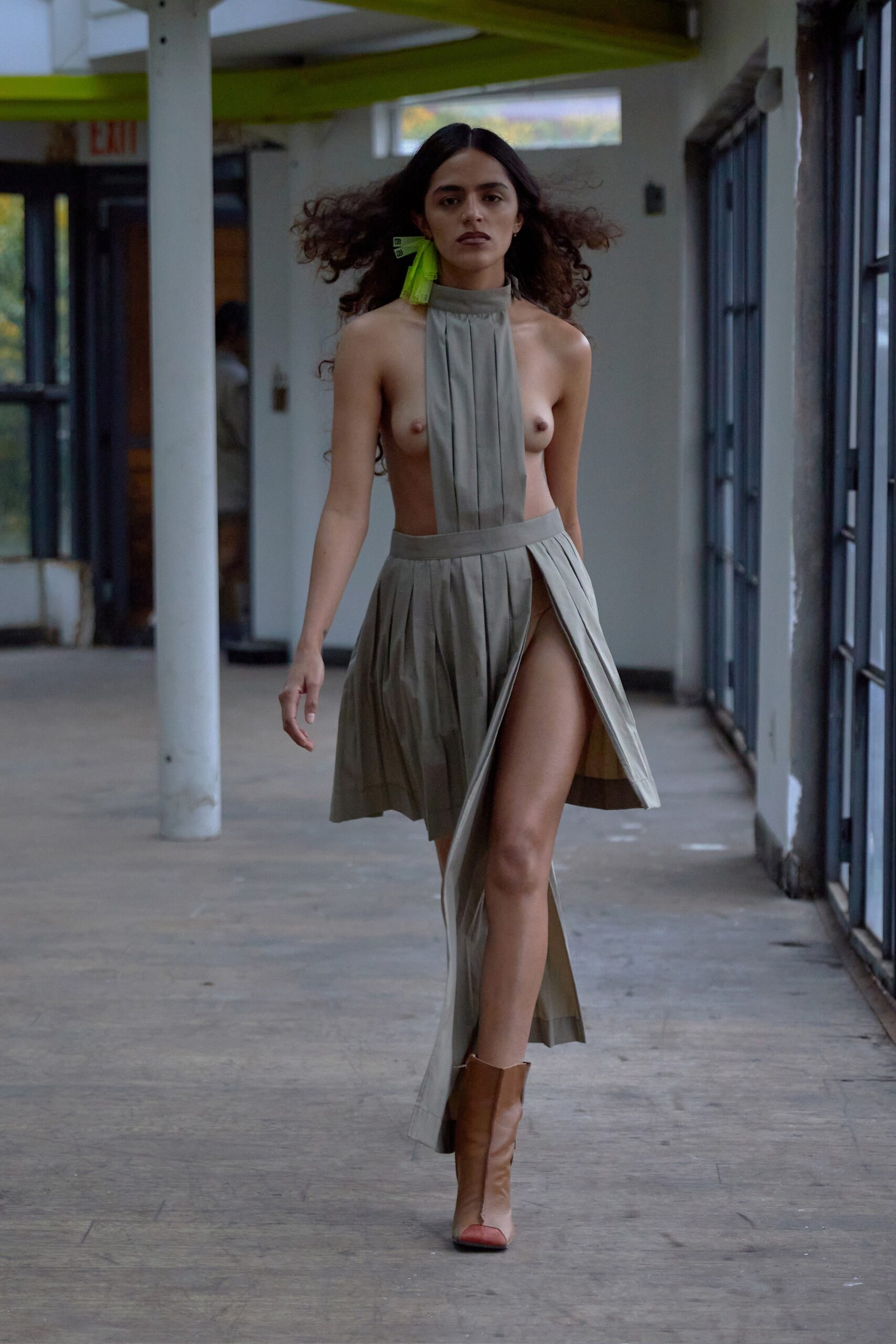 beige pleated midi dress