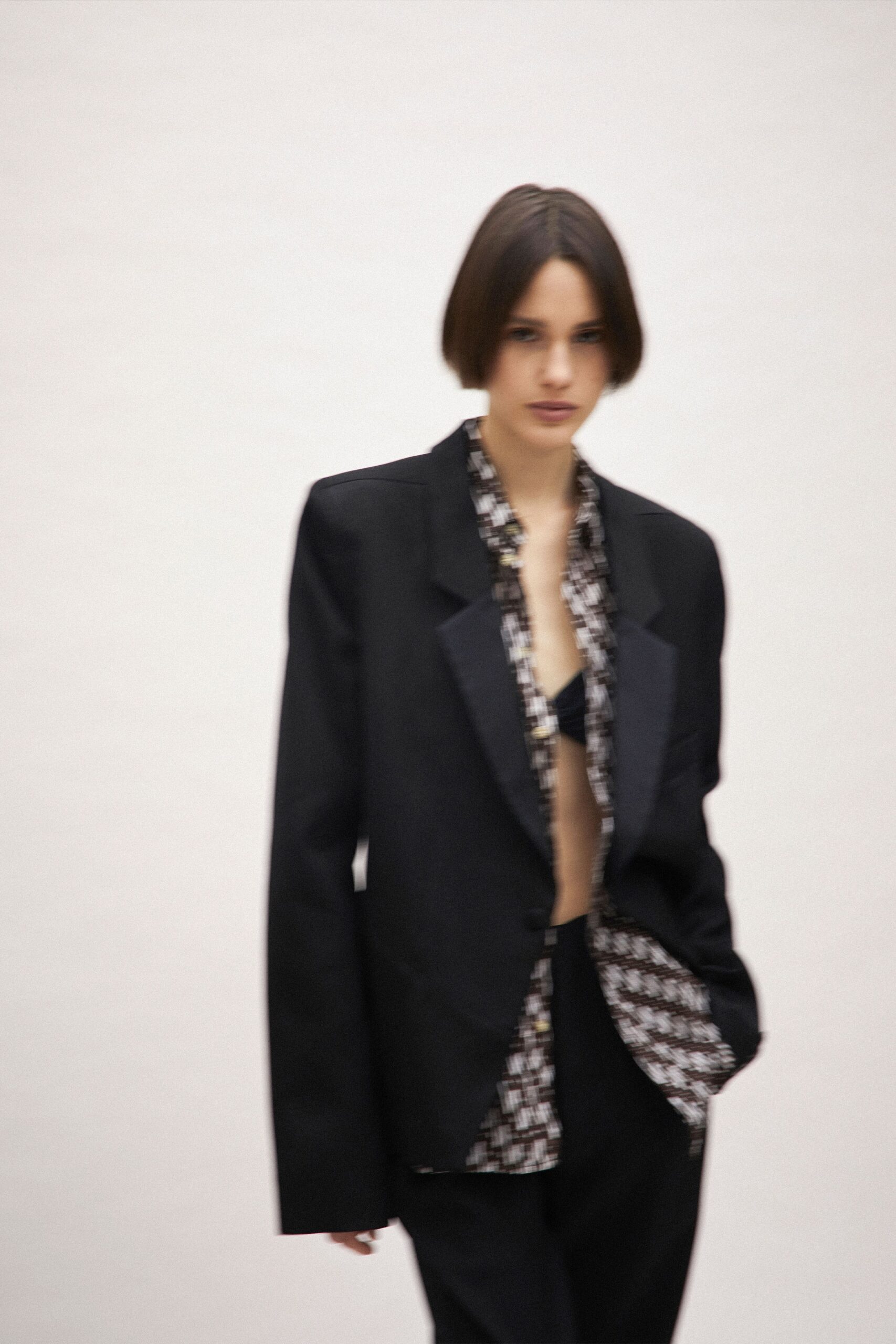 oversized black blazer and printed shirt