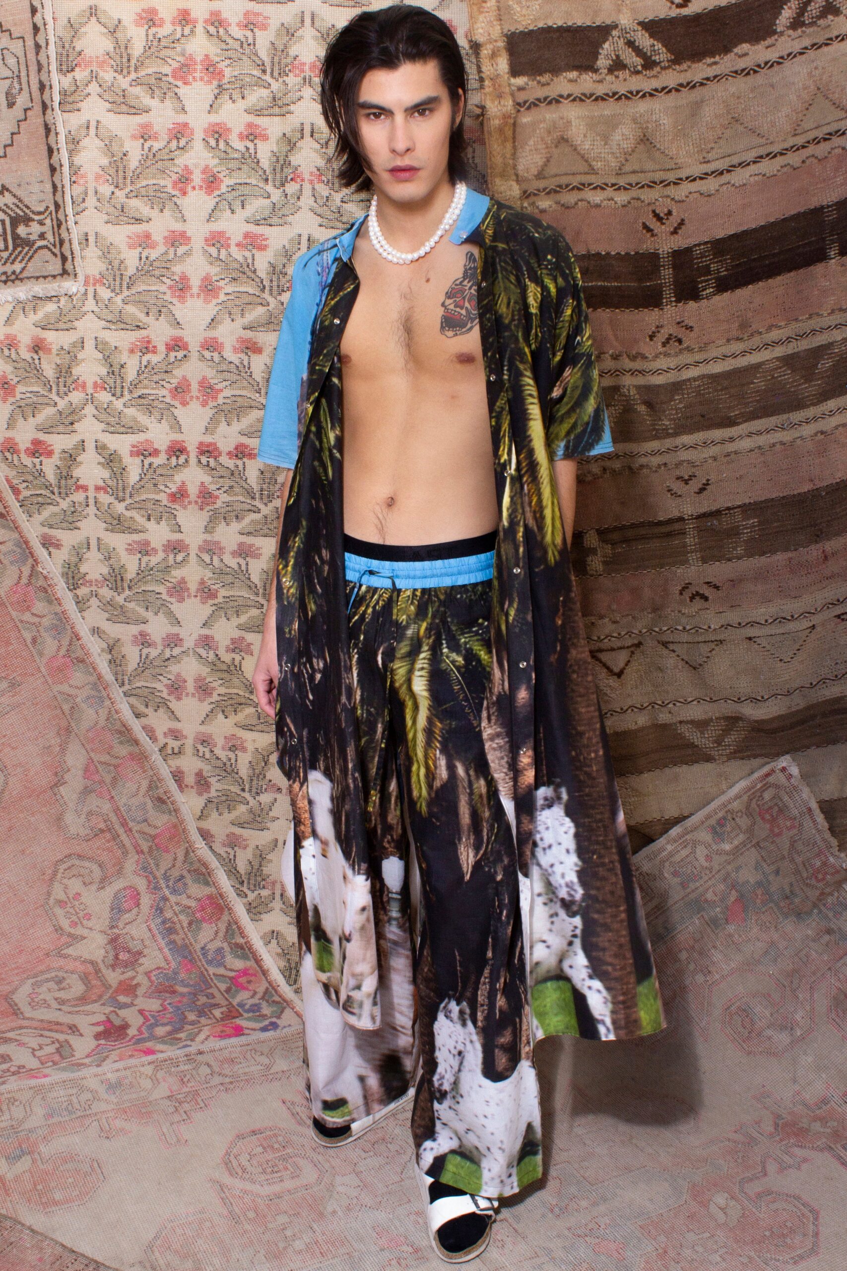 blue printed shirt with multi pants