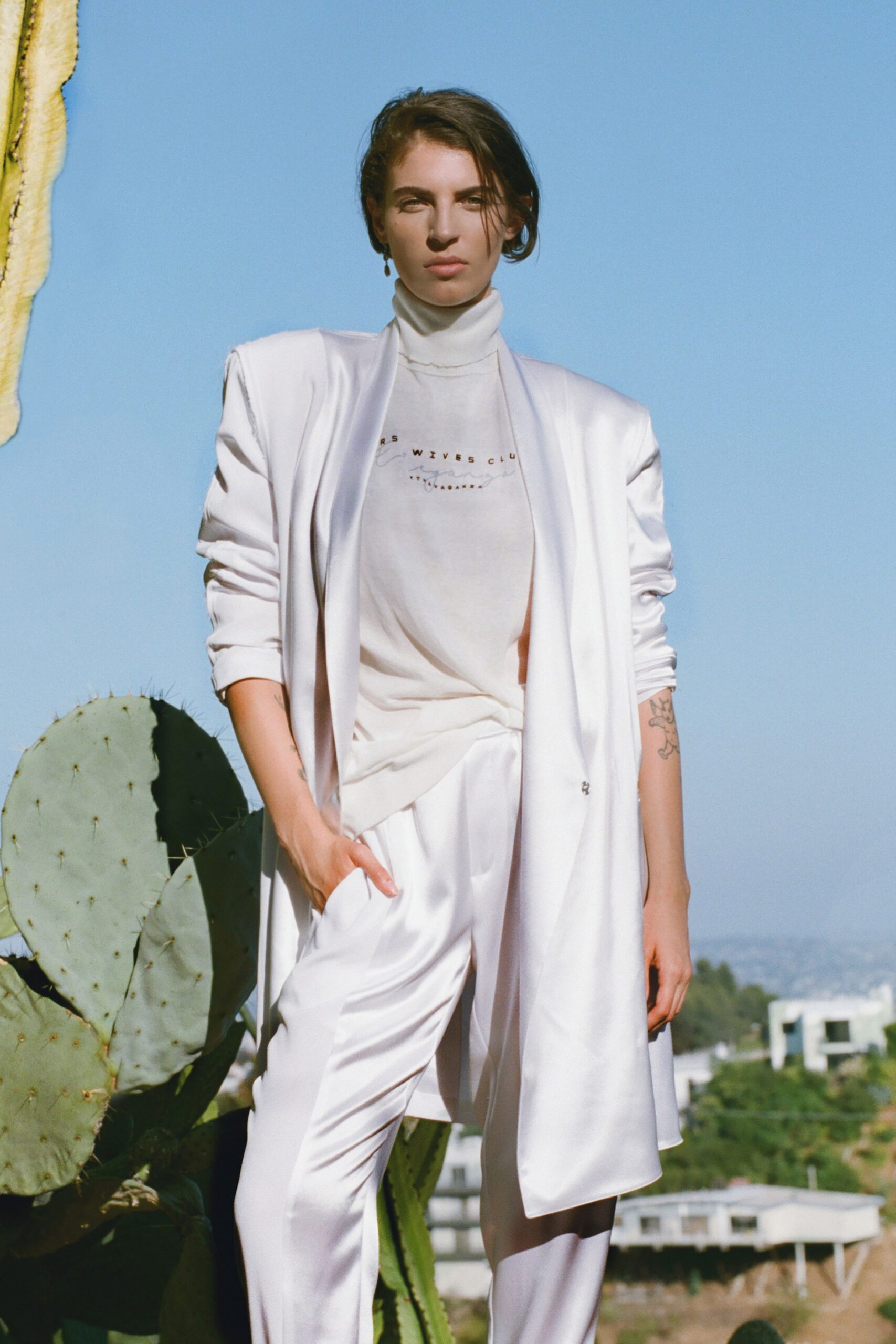 white silk tailored blazer and top