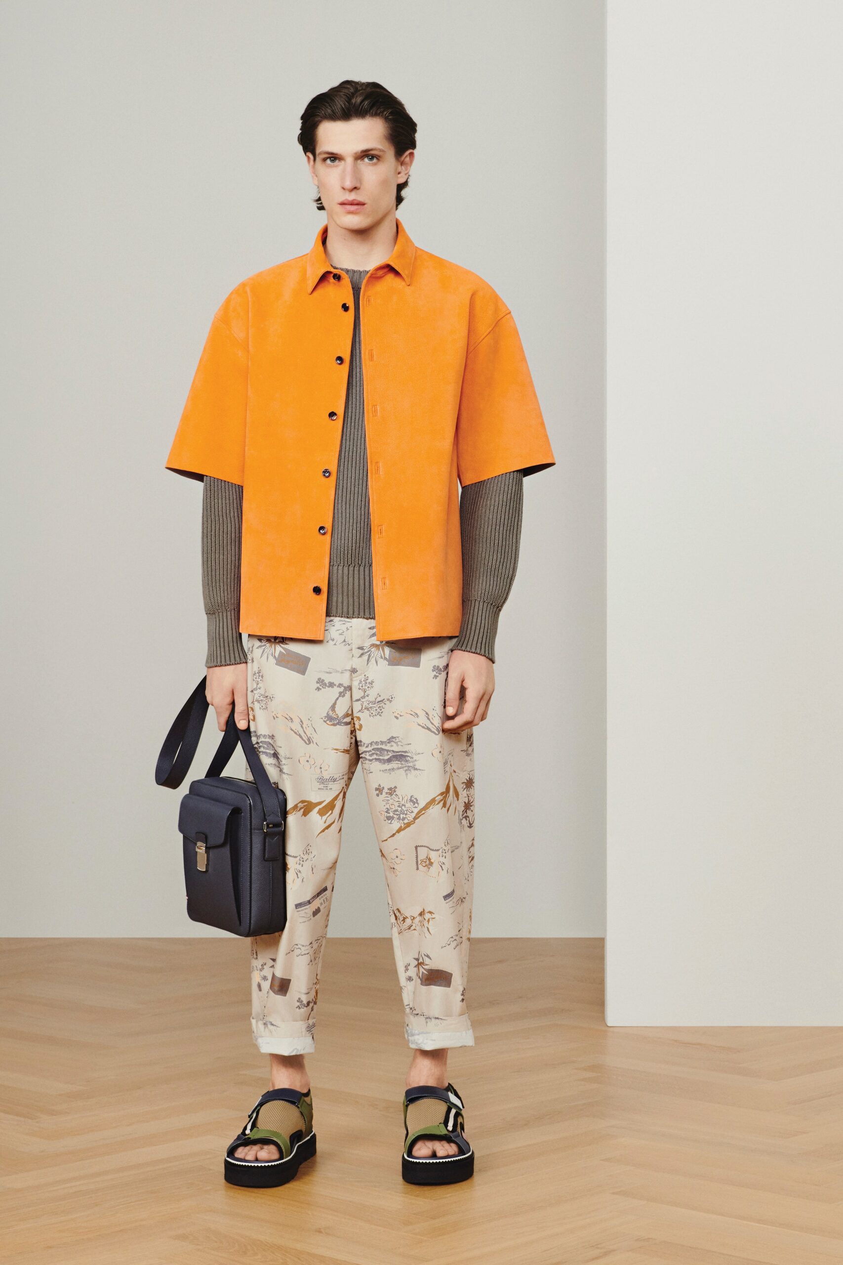 orange suede short-sleeve collared relaxed shirt