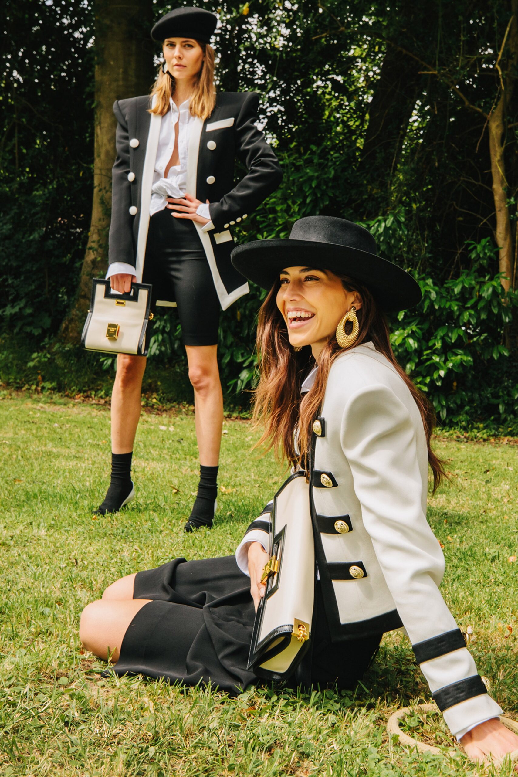 black and white tailored blazer with pencil skirt