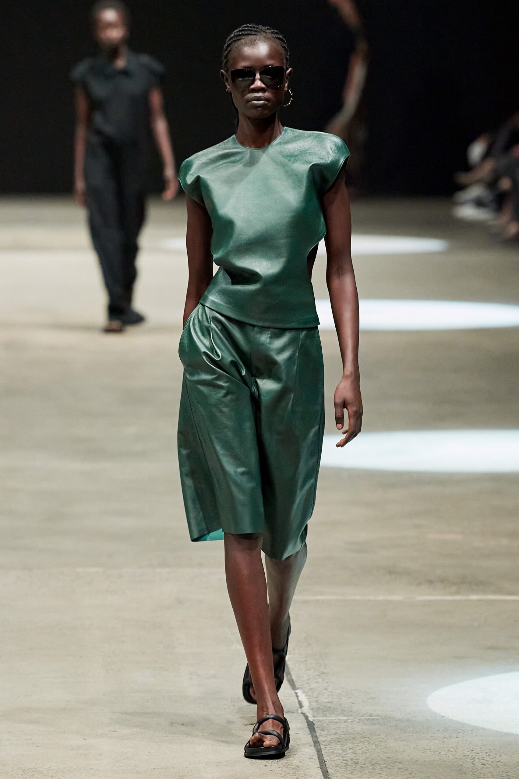 green leather top and skirt