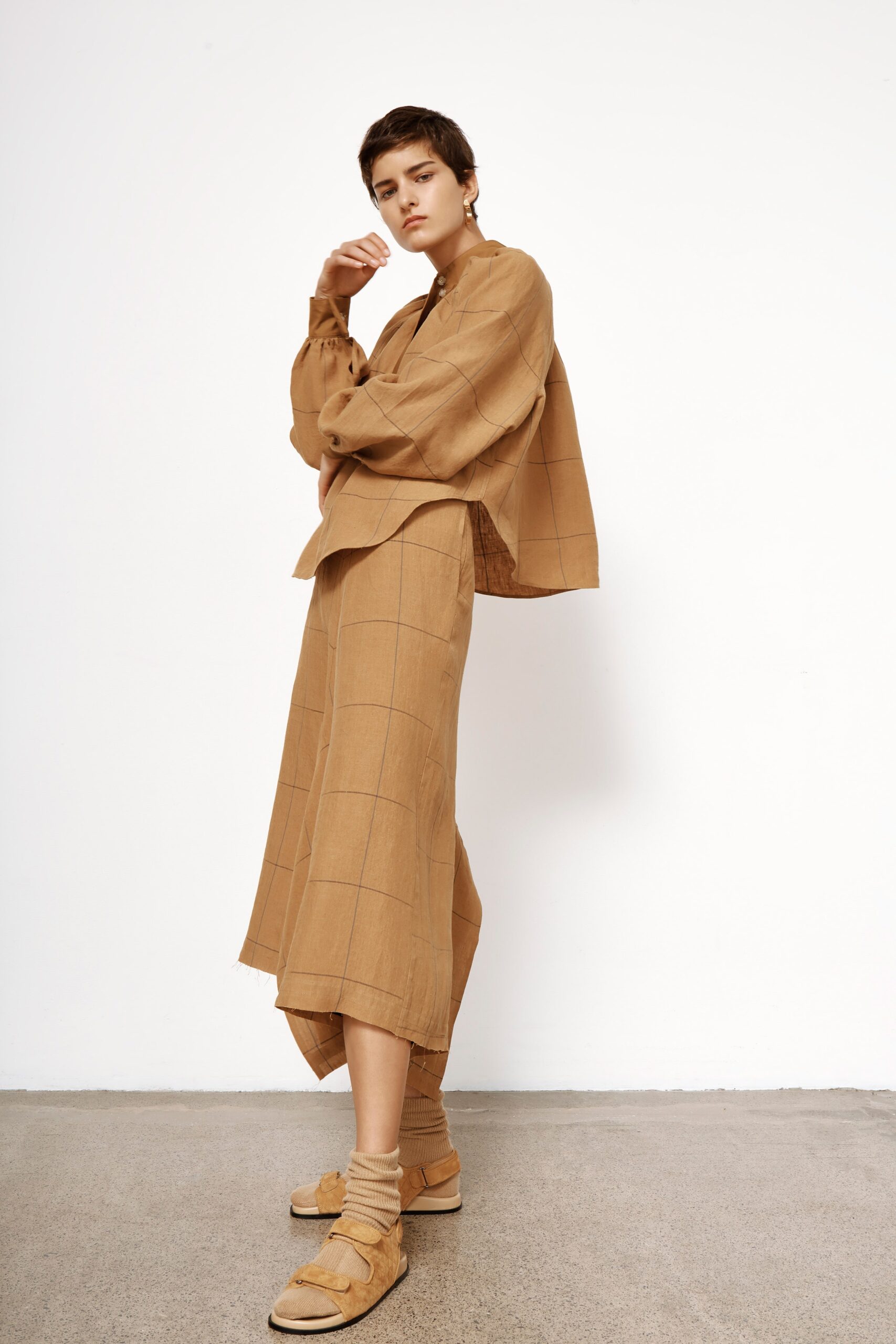 brown relaxed top and skirt