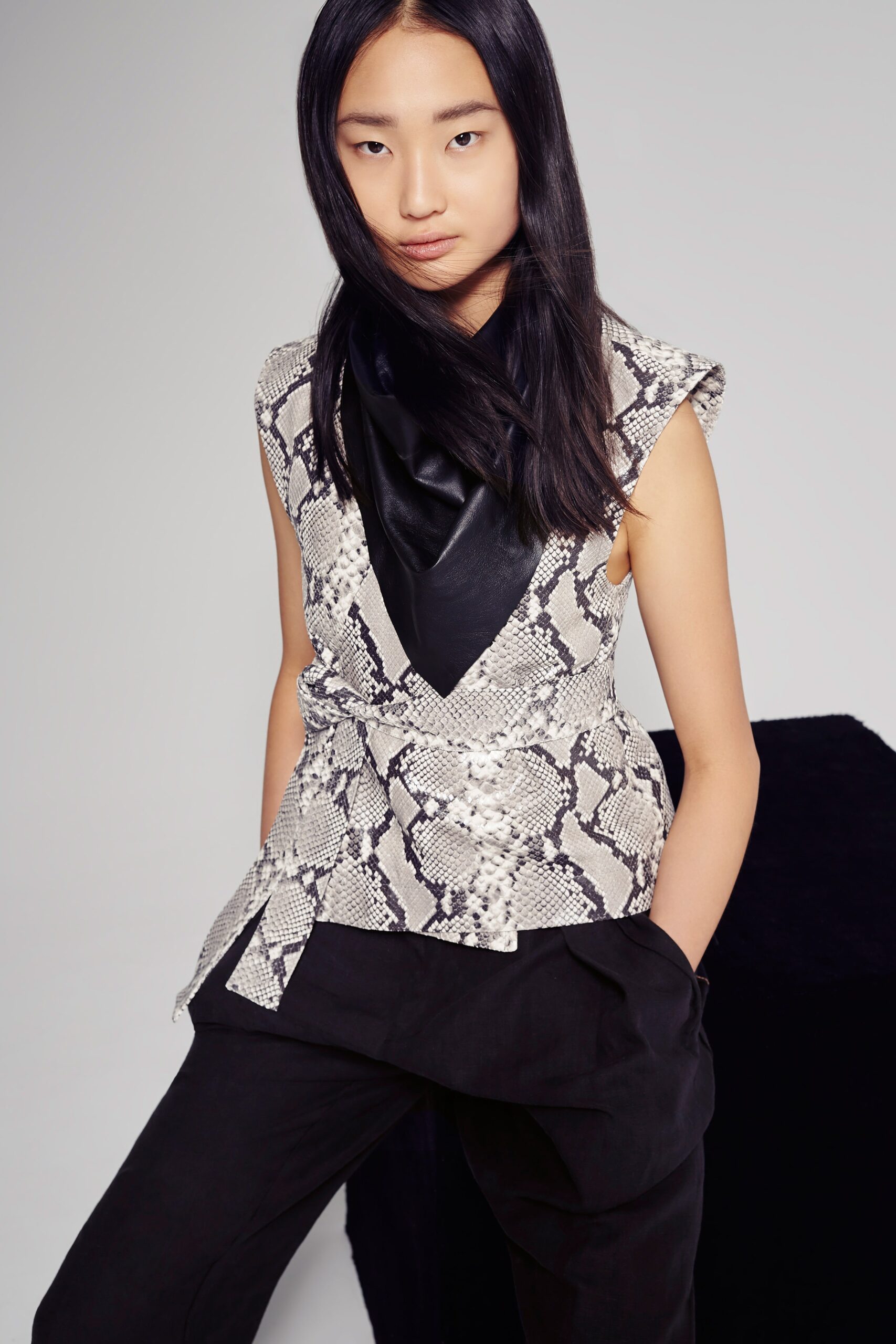 black and white printed top with relaxed pants