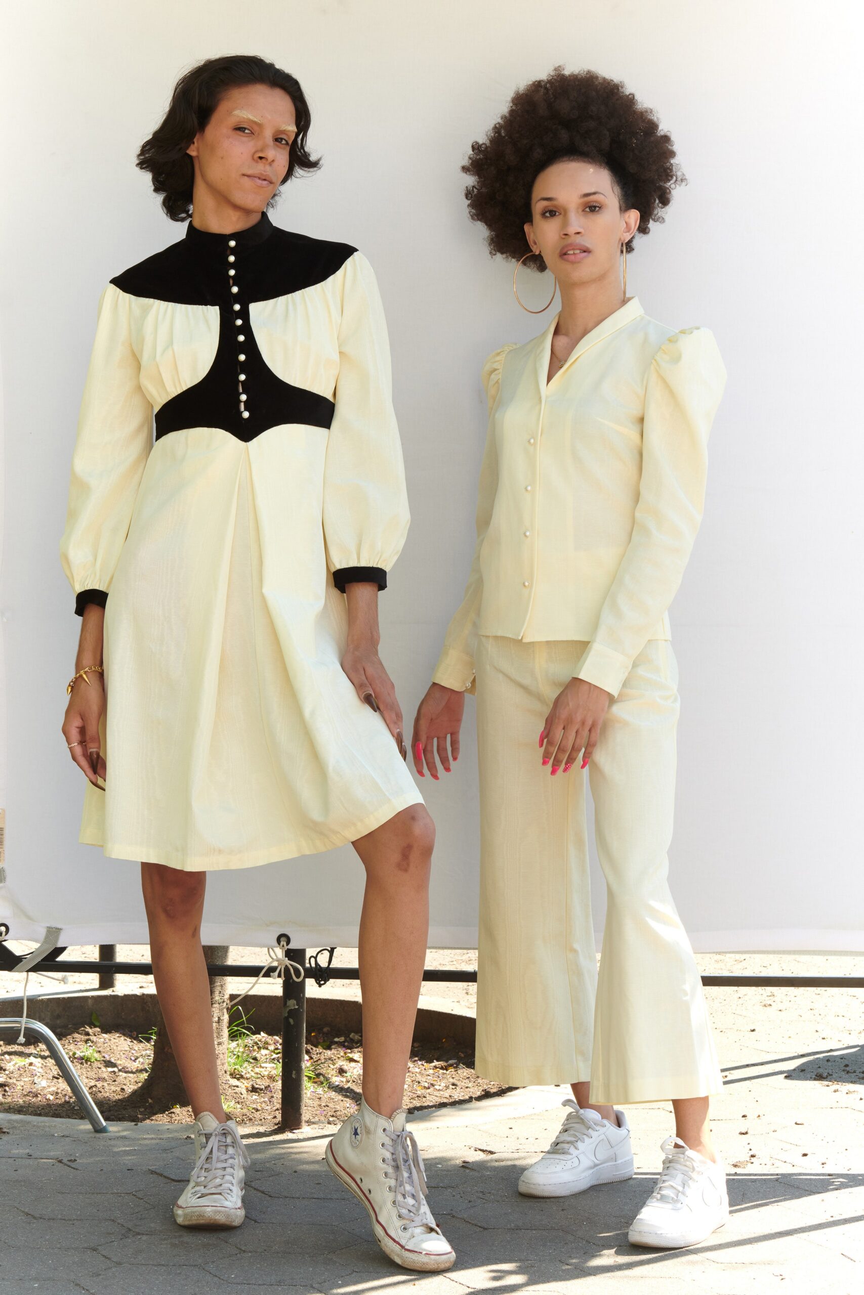 yellow midi dress and relaxed pants