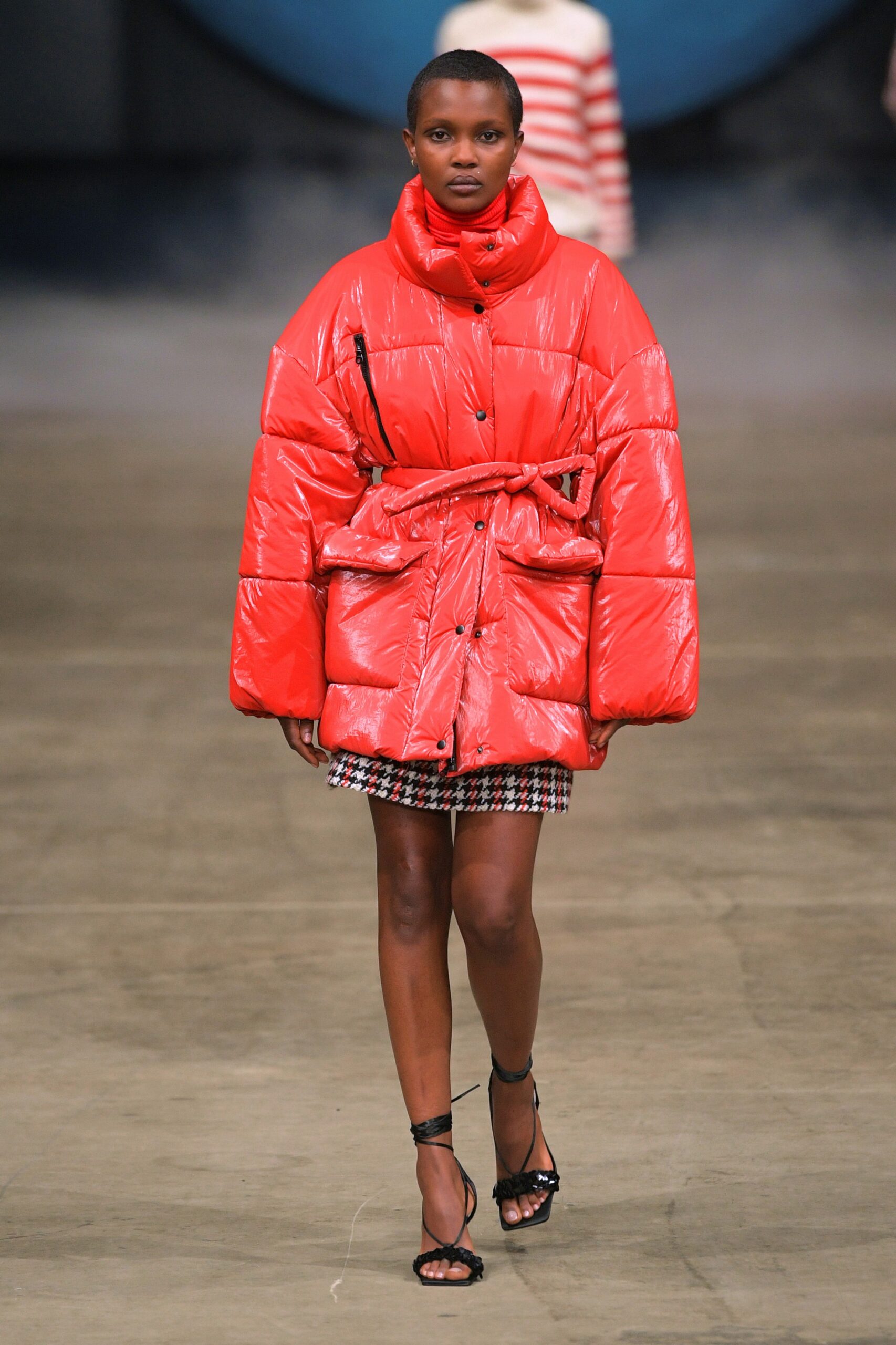 oversized red vinyl coat with mini skirt