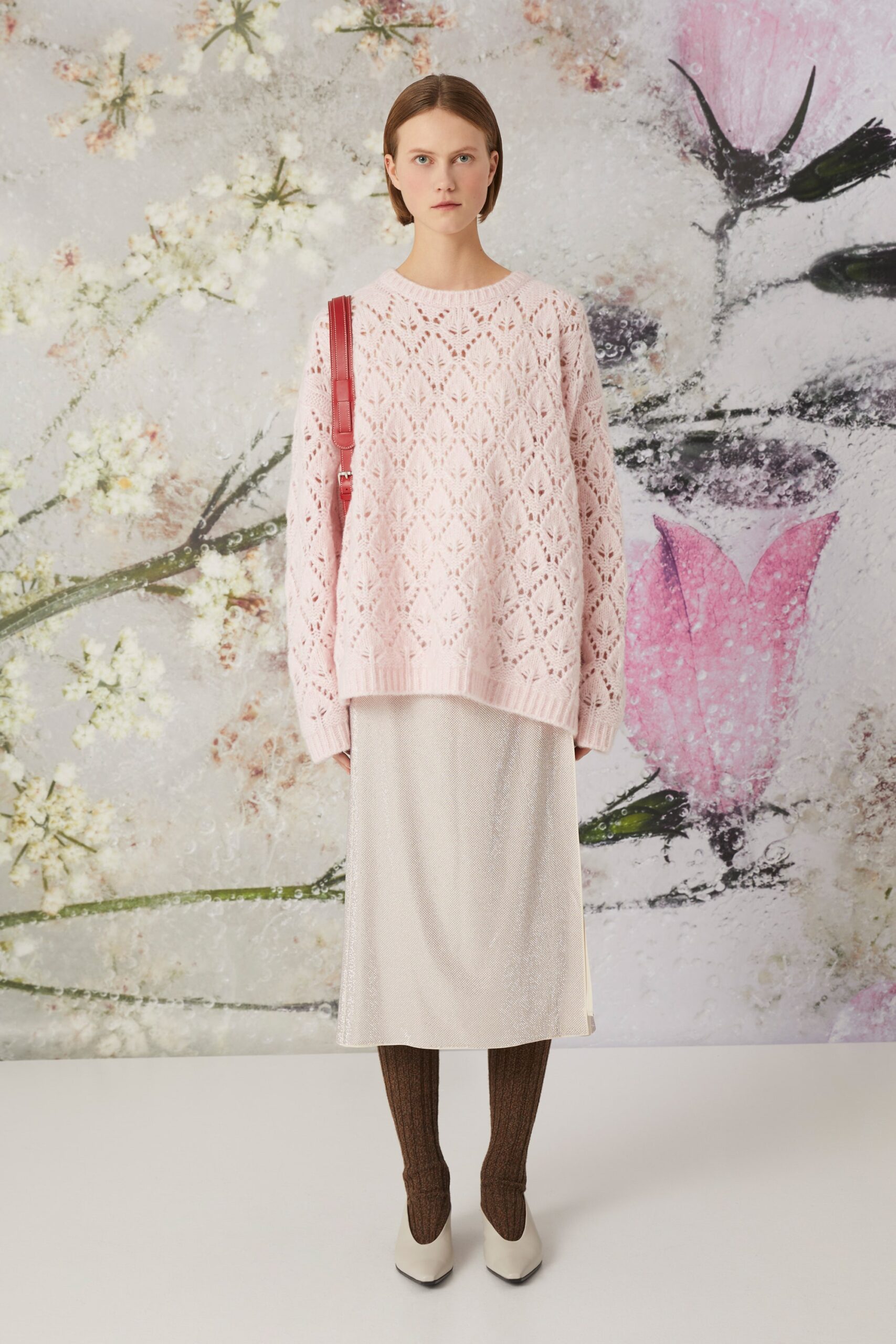 pink openwork knit sweater