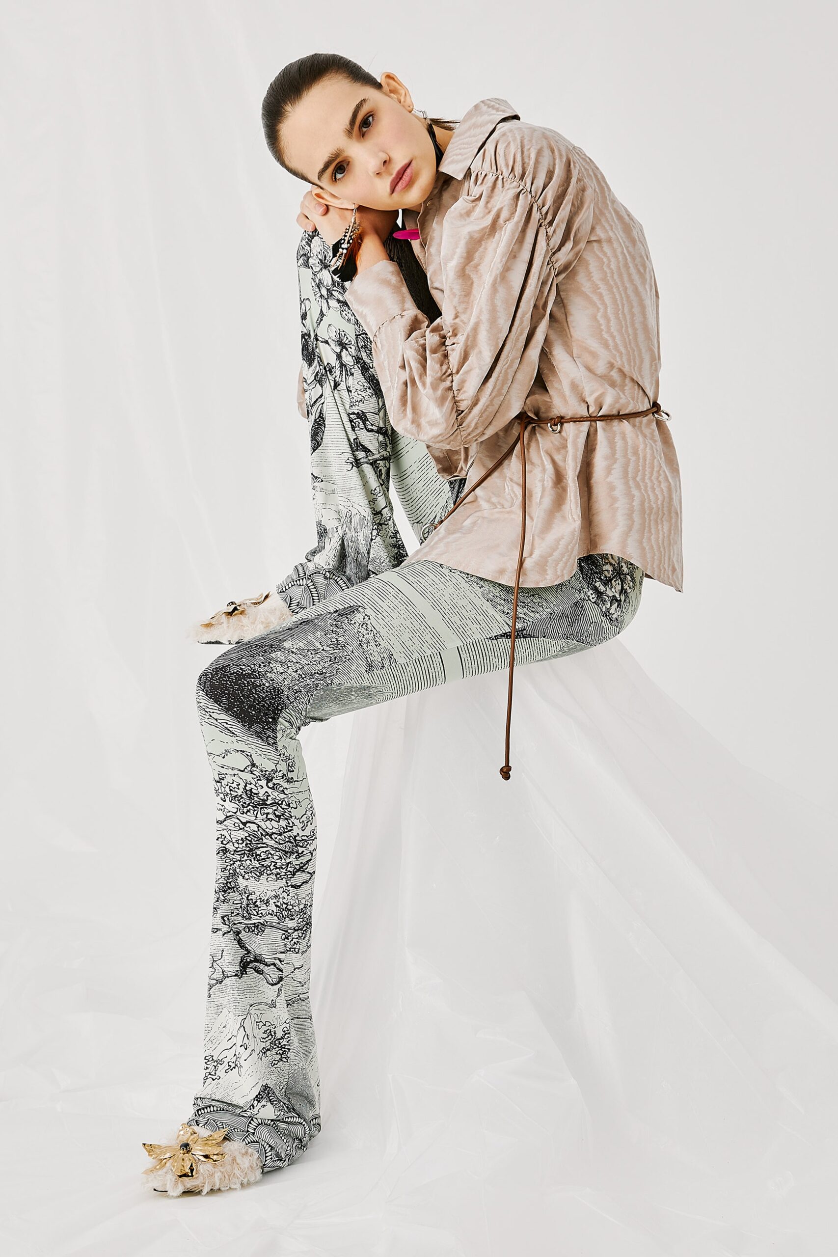 beige satin ruched blouse