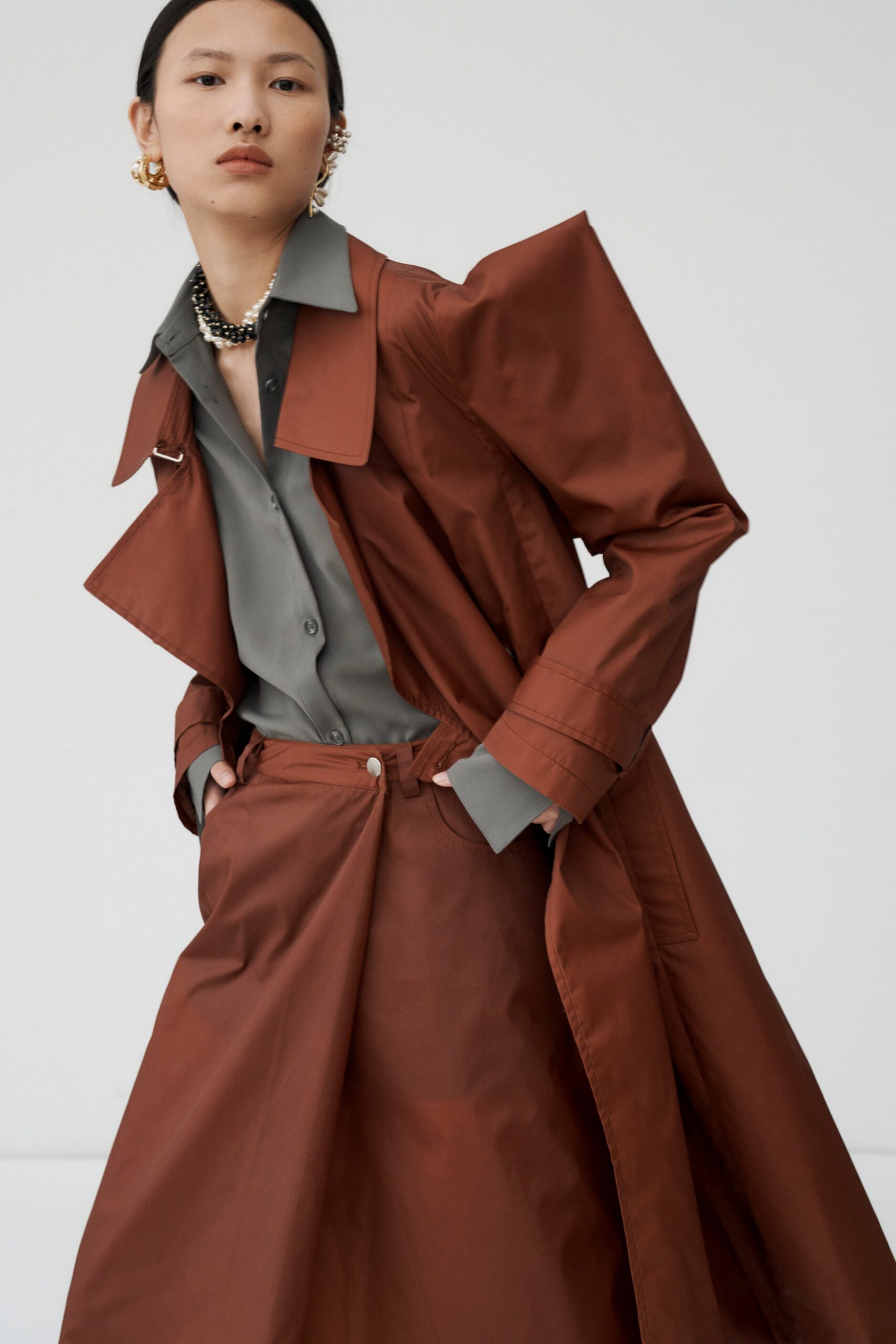 brown structured open-front coat