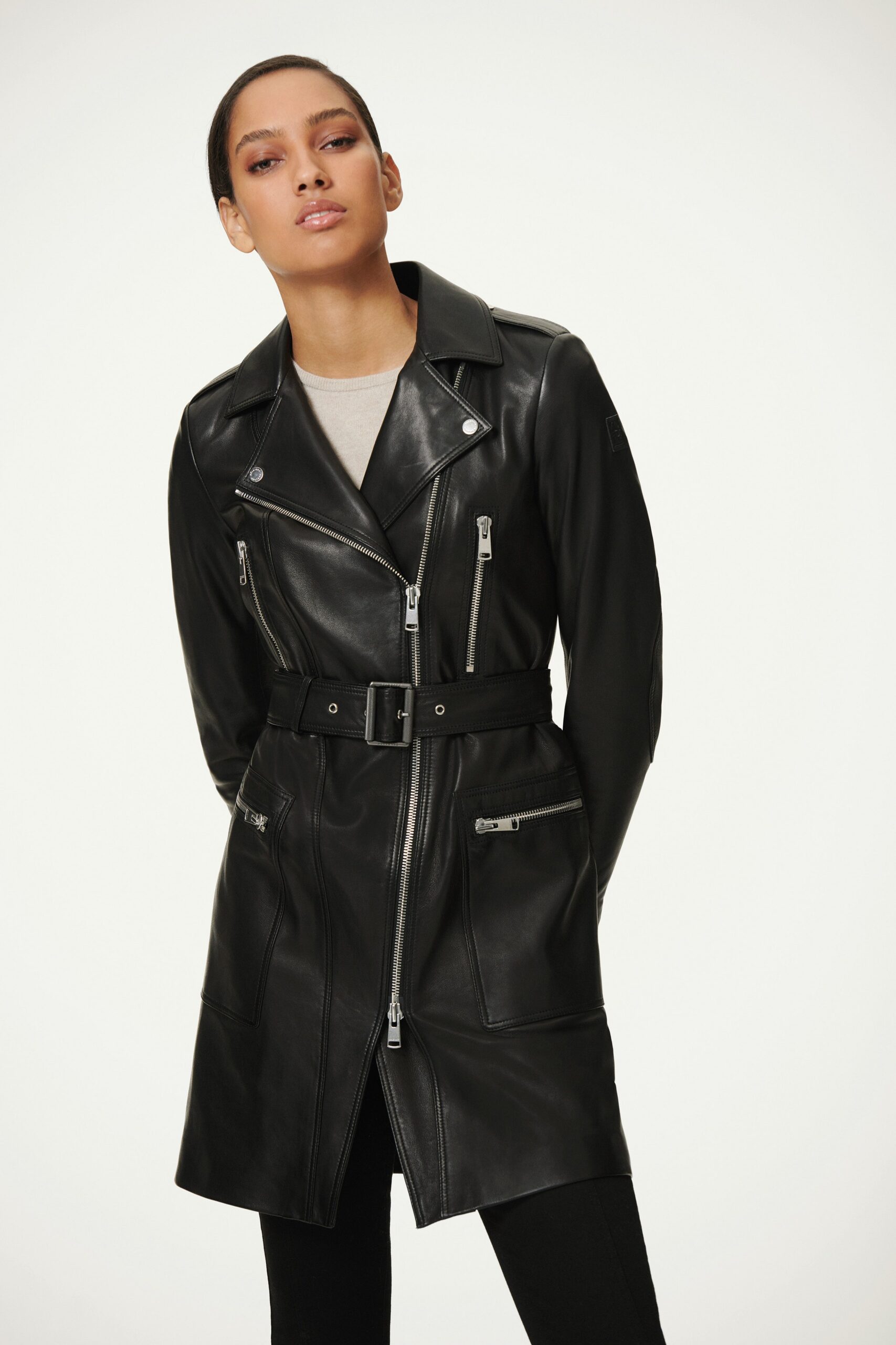 black leather belted moto coat